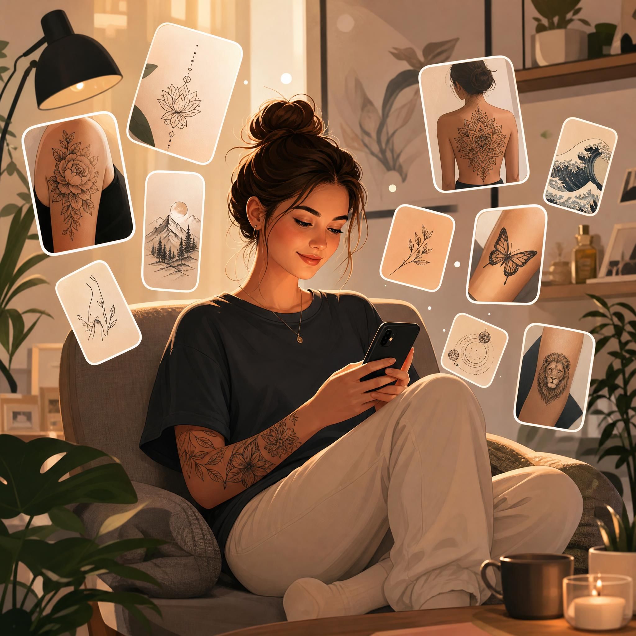 Illustration d'une personne assise confortablement avec un smartphone, entourée de petites vignettes illustrant différents styles de tatouage qui flottent autour d'elle comme une nuée d'inspirations visuelles, ambiance chaleureuse et créative, sans texte