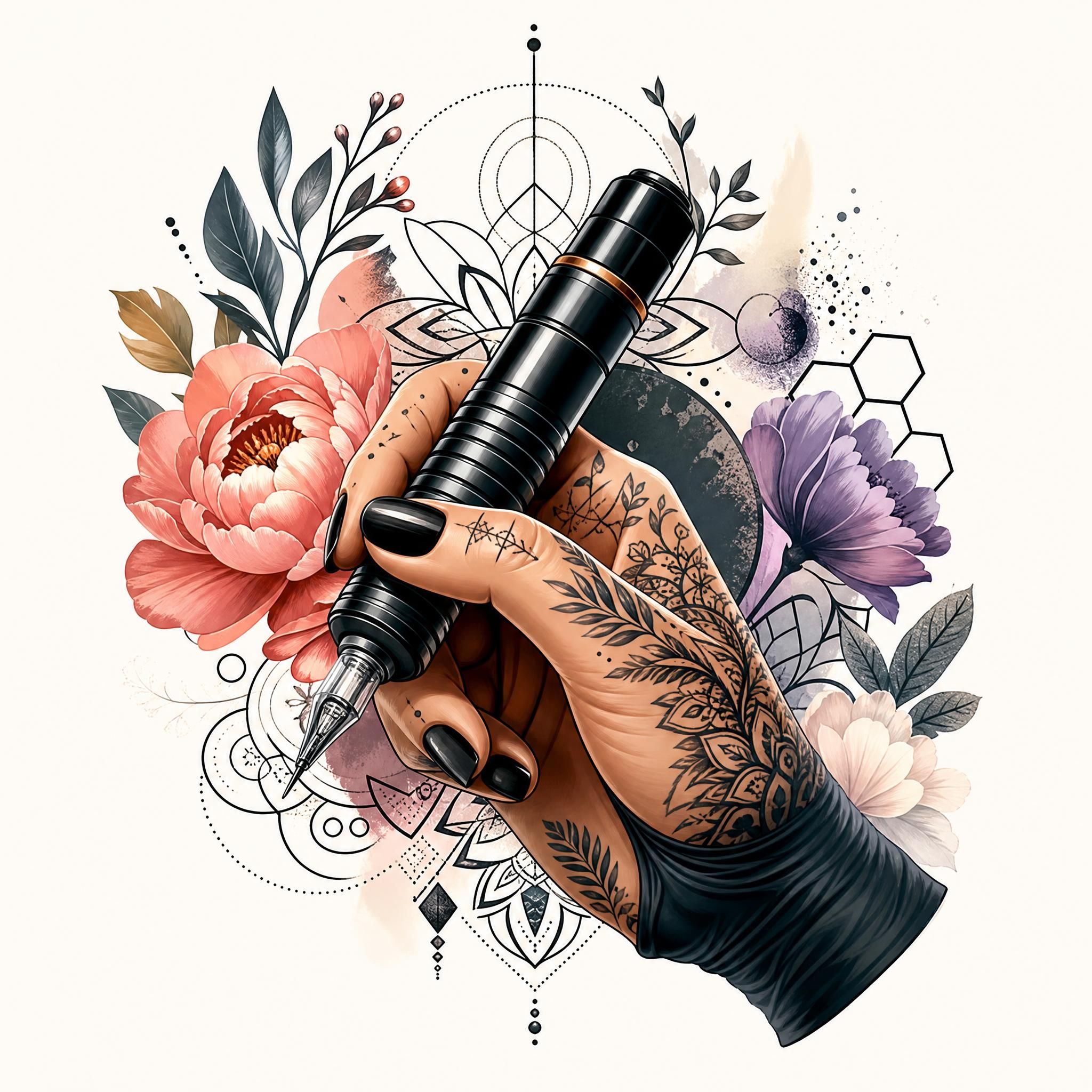 Illustration colorée et illustrative d'une main tenant un dermographe avec des motifs de tatouage floraux et géométriques autour, style artistique sans texte