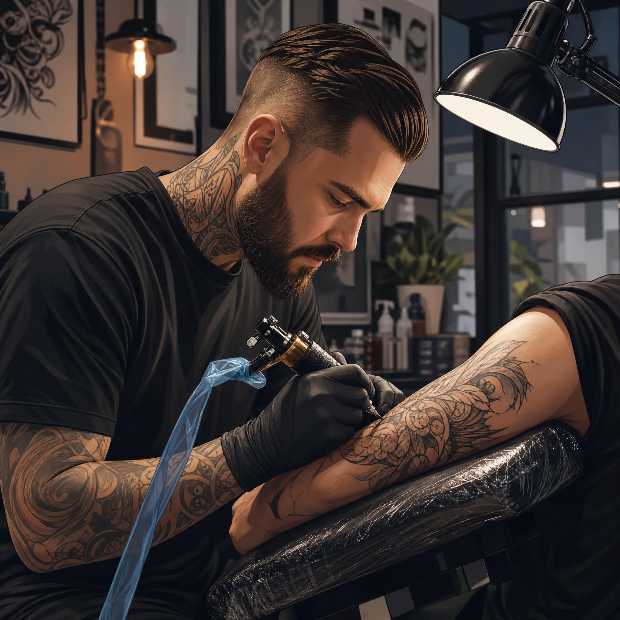 Illustration artistique d'un tatoueur professionnel au travail dans un studio moderne, style illustratif sans texte