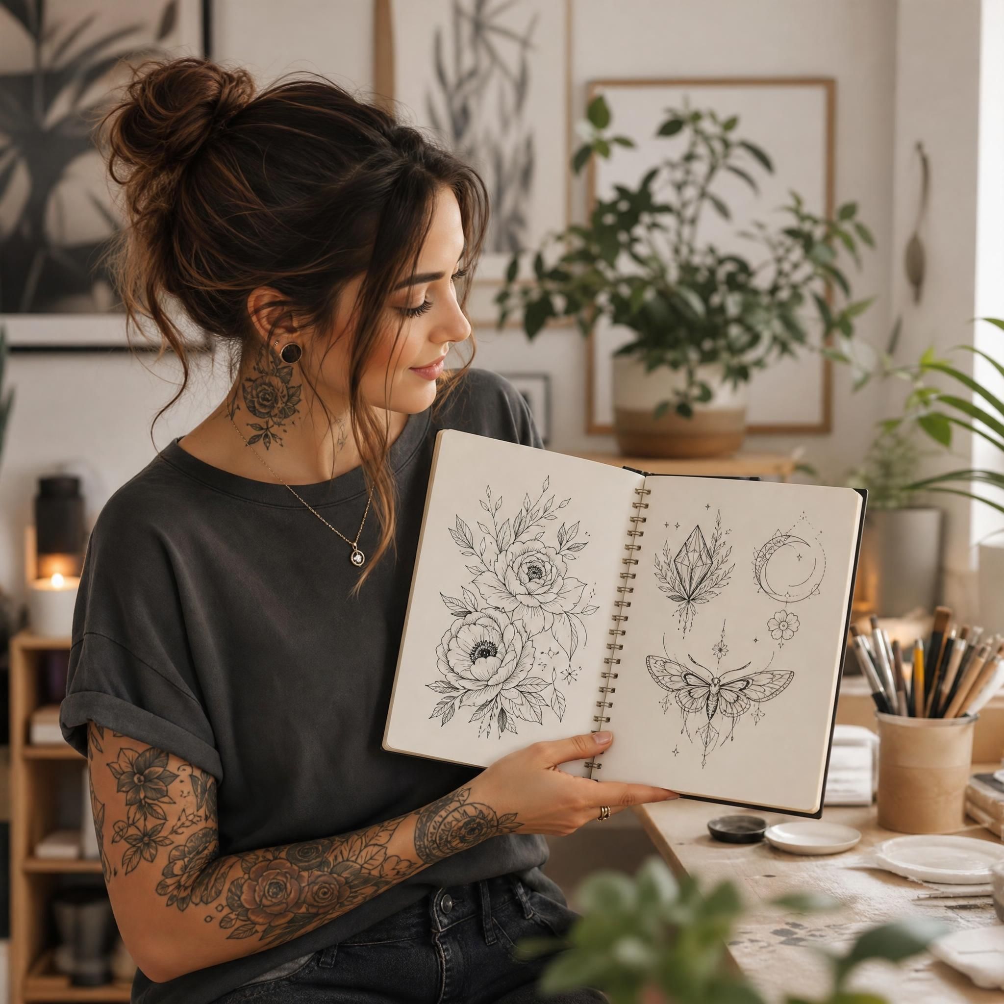 Illustration douce et bienveillante d'une femme tenant un carnet de croquis avec des esquisses de tatouages, ambiance sereine et inspirante, sans texte