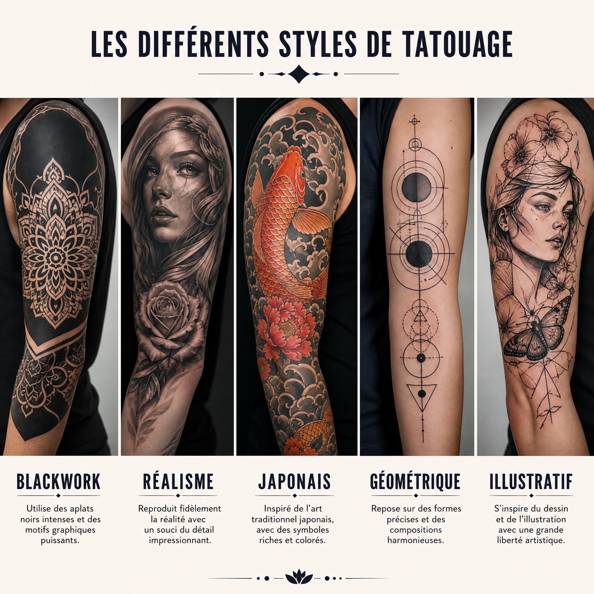 Illustration colorée montrant différents styles de tatouage côte à côte, blackwork, réalisme, japonais, géométrique, style illustratif