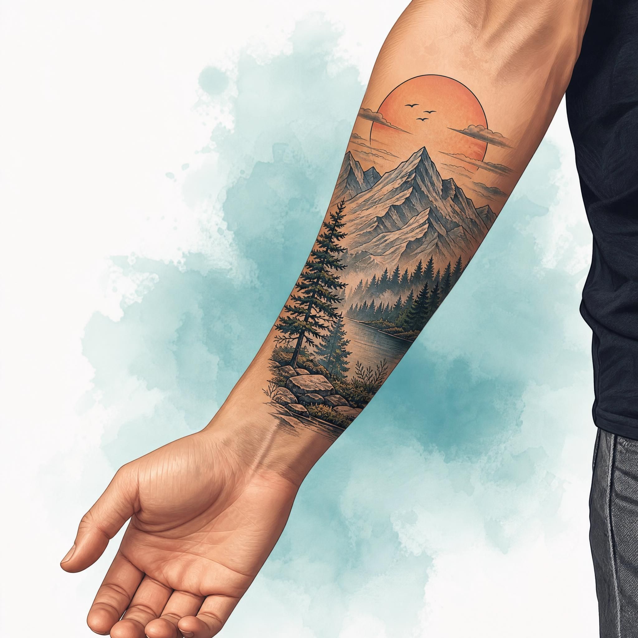 Illustration détaillée d'un tatouage bien cicatrisé sur un avant-bras, style illustratif coloré, sans texte