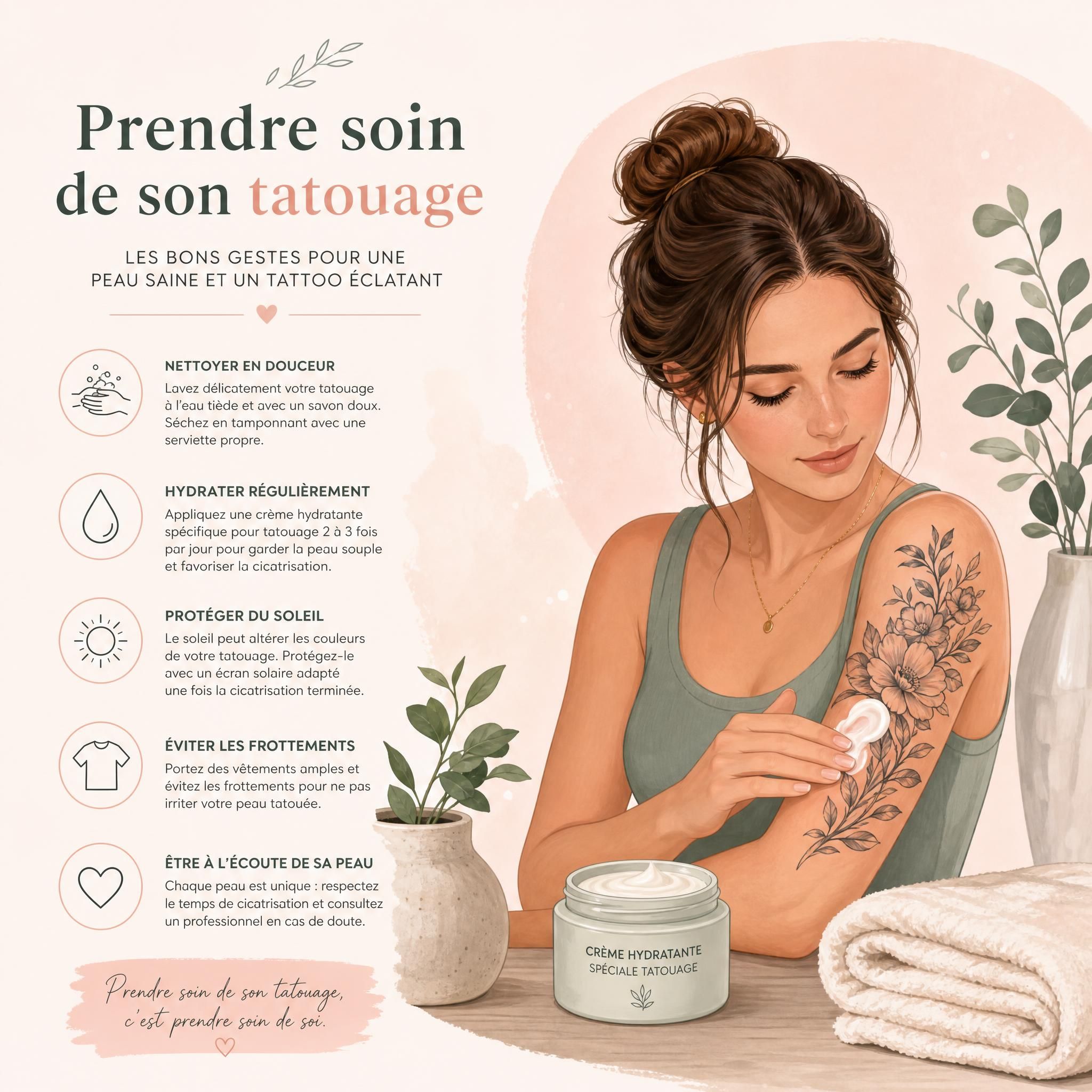Illustration douce et apaisante montrant des soins de peau après tatouage, crème hydratante, peau saine, style illustratif pastel
