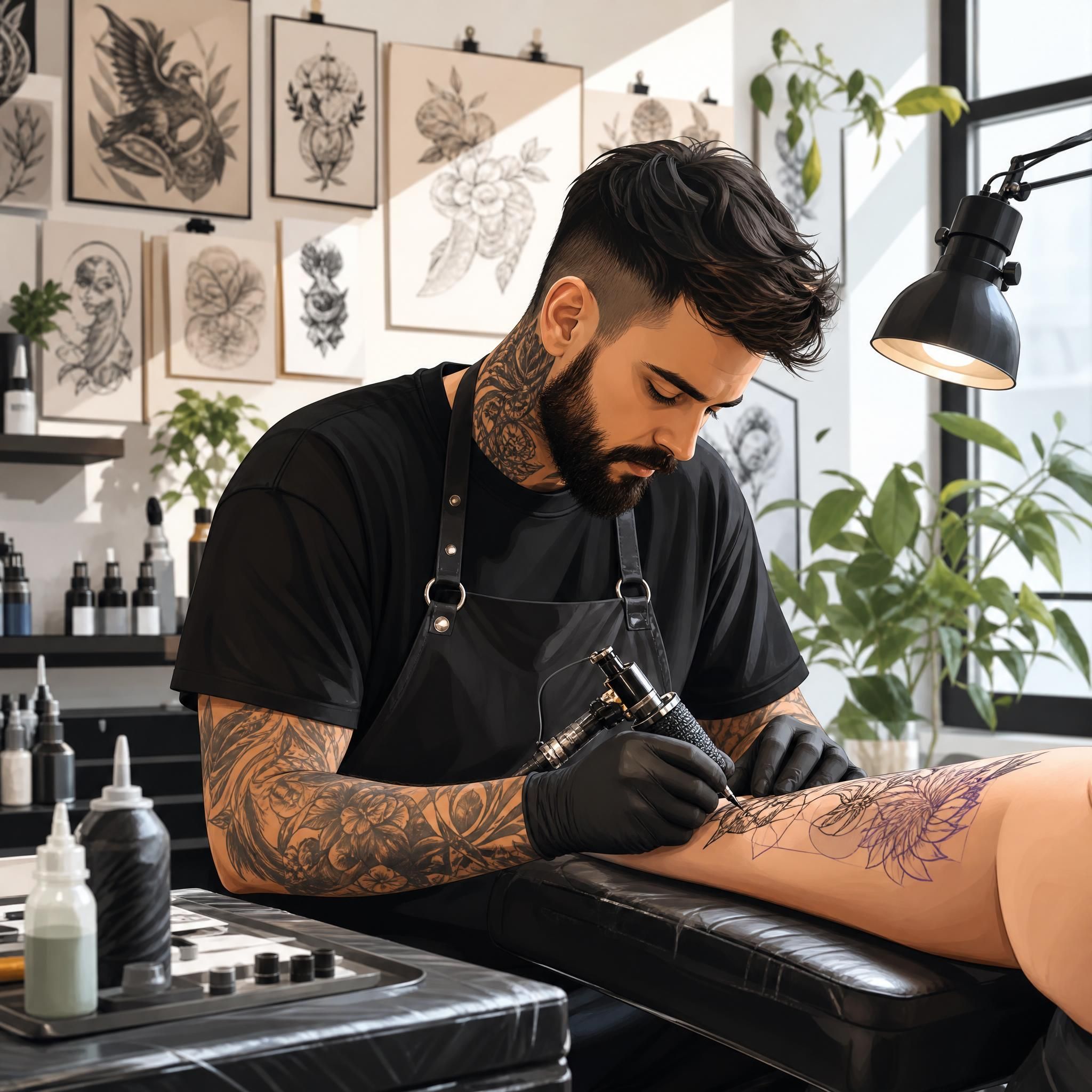 Illustration d'un artiste tatoueur concentré sur son travail dans un studio moderne et lumineux, entouré de références artistiques et de dessins, style illustratif sans texte