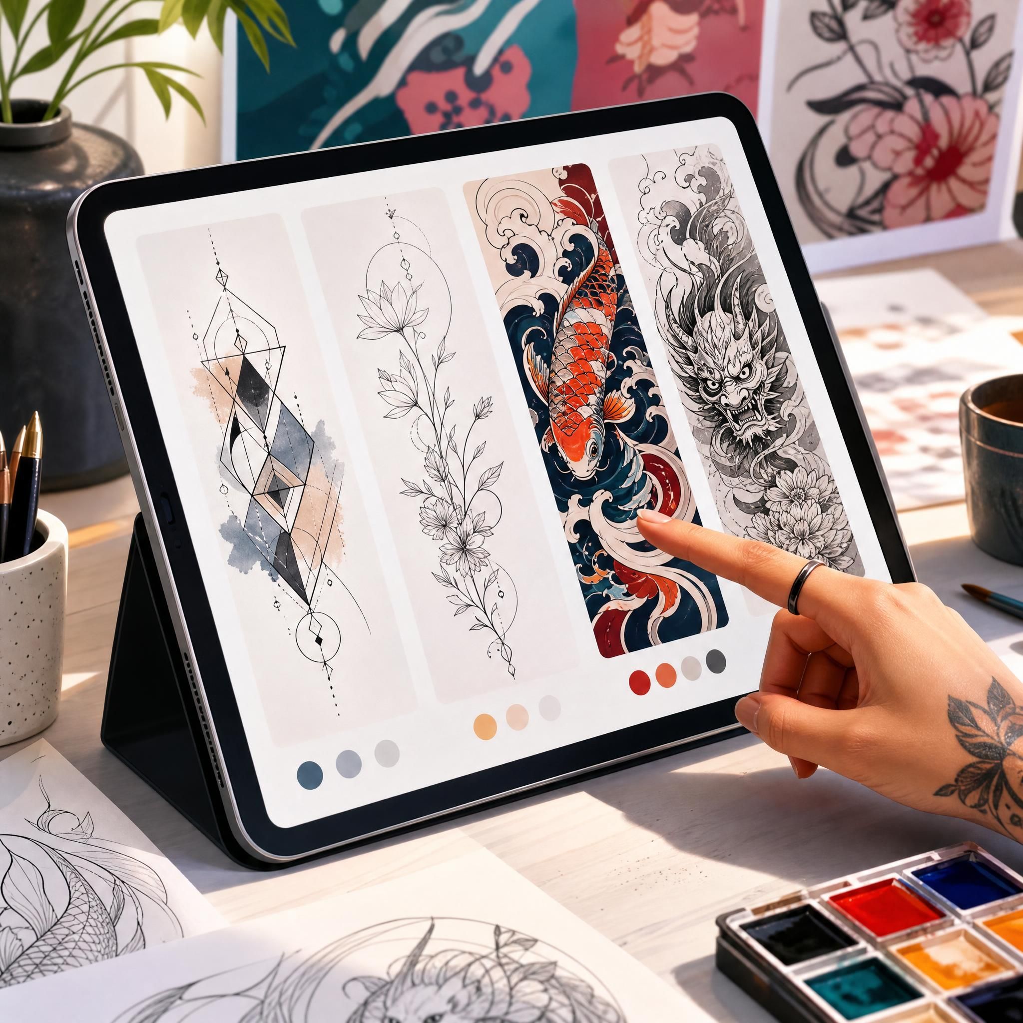 Illustration stylisée montrant un écran de tablette avec plusieurs designs de tatouage générés en différents styles (géométrique, fineline, japonais), avec une main qui pointe vers l'un d'eux, dans une ambiance créative et colorée, sans texte