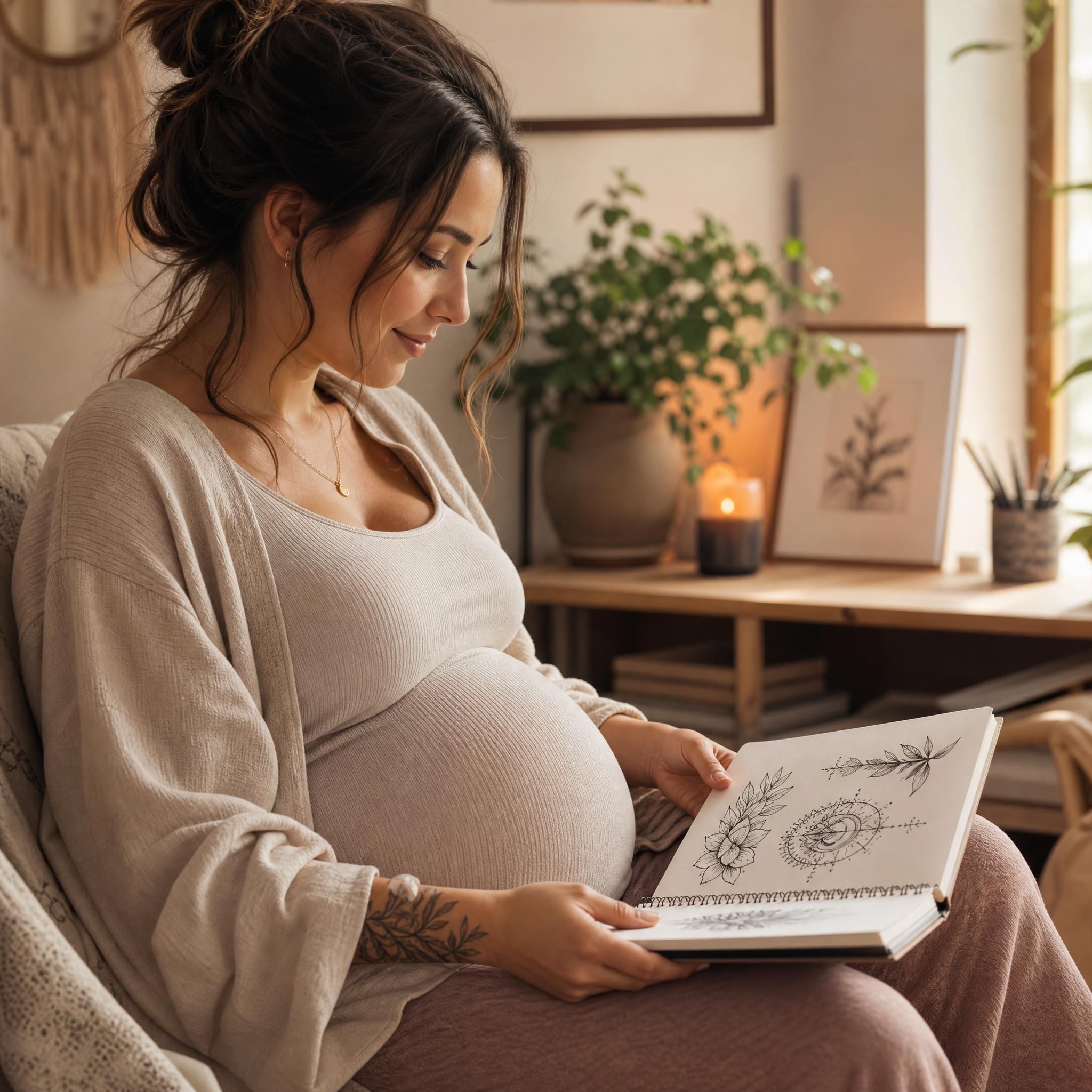Illustration apaisante d'une femme enceinte regardant un carnet de croquis de tatouage, ambiance douce et chaleureuse, sans texte