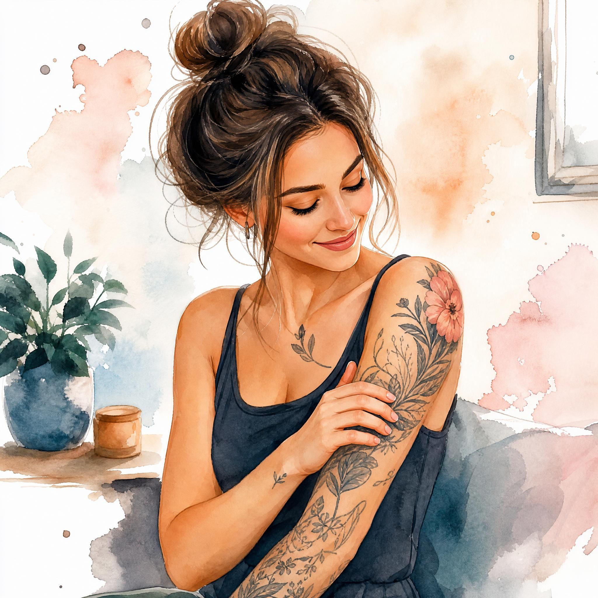 Illustration douce et colorée d'une femme regardant ses tatouages avec fierté, style aquarelle, sans texte