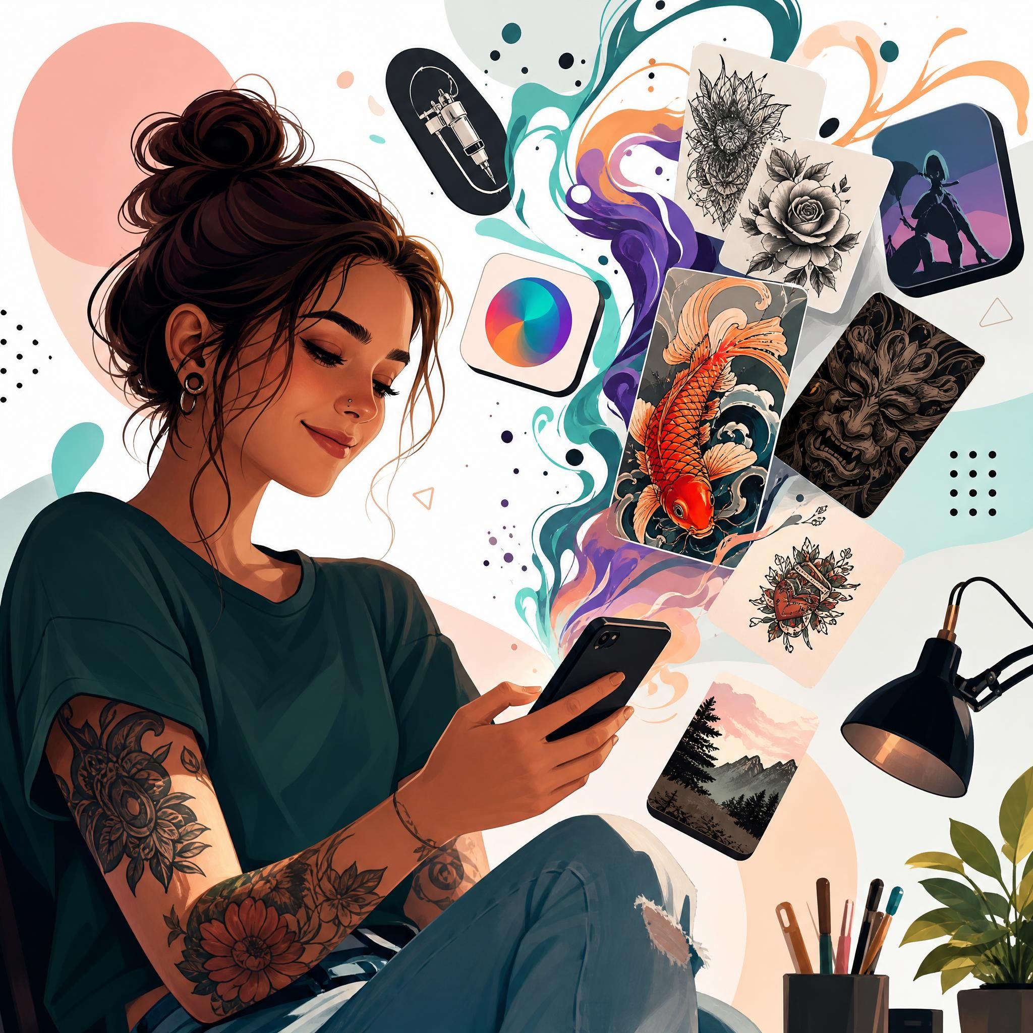Illustration colorée et décontractée d'une personne tenant un smartphone avec des designs de tatouage qui s'en échappent, entourée d'icônes d'applications, de styles de tatouage variés et d'éléments graphiques inspirants, sans texte