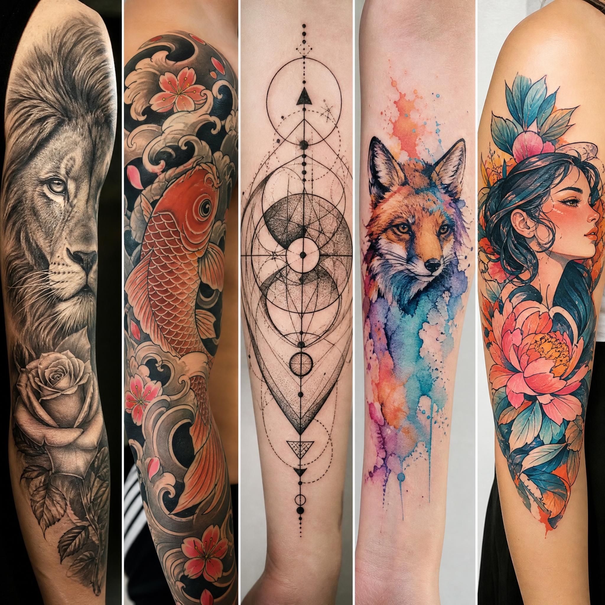 Illustration montrant différents styles de tatouage côte à côte, réaliste, japonais, géométrique, aquarelle, style illustratif coloré, sans texte