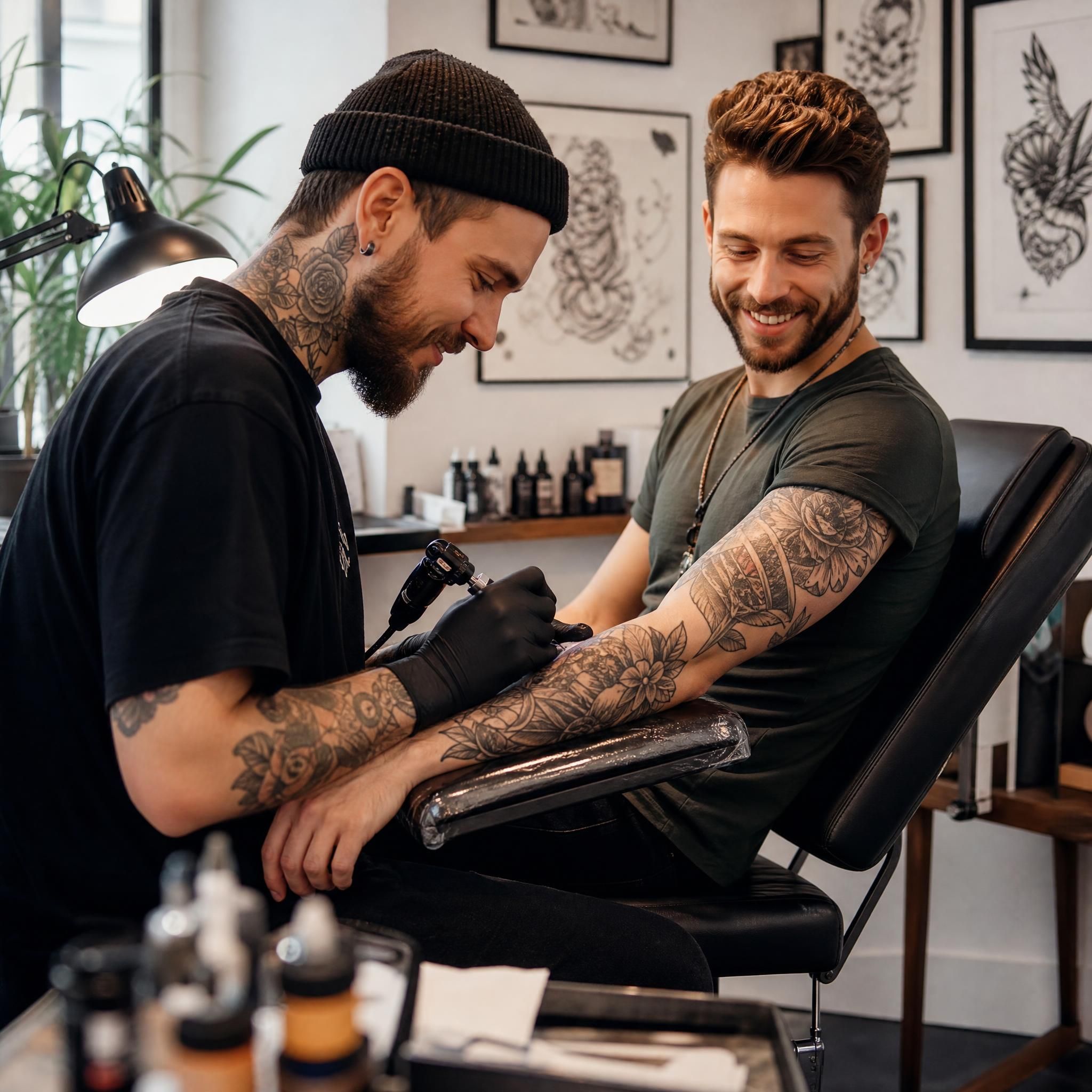 Illustration chaleureuse d'un tatoueur travaillant avec soin sur le bras d'un client souriant, dans un studio moderne et lumineux, avec des dessins et références accrochés aux murs, ambiance professionnelle et bienveillante, sans texte