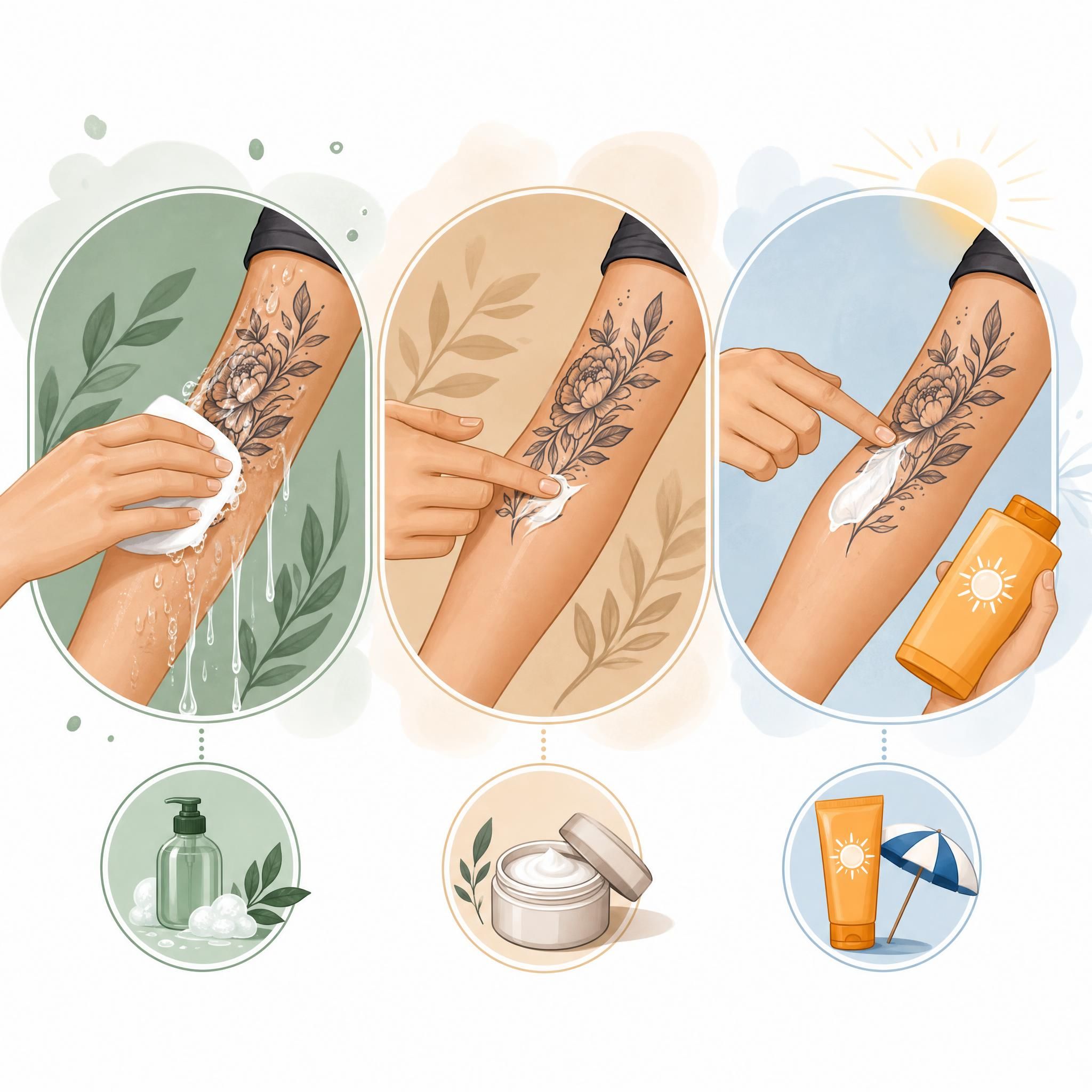 Illustration illustrative montrant les étapes de soin d'un tatouage — nettoyage doux, application de crème, protection solaire — style graphique doux et illustratif sans texte
