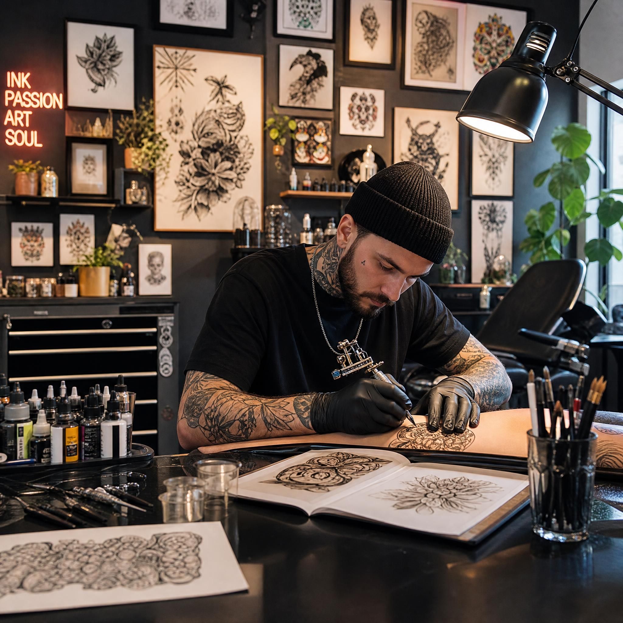 Illustration illustrative d'un artiste tatoueur travaillant dans un studio moderne, entouré d'outils et de références artistiques variées, ambiance créative et inspirante