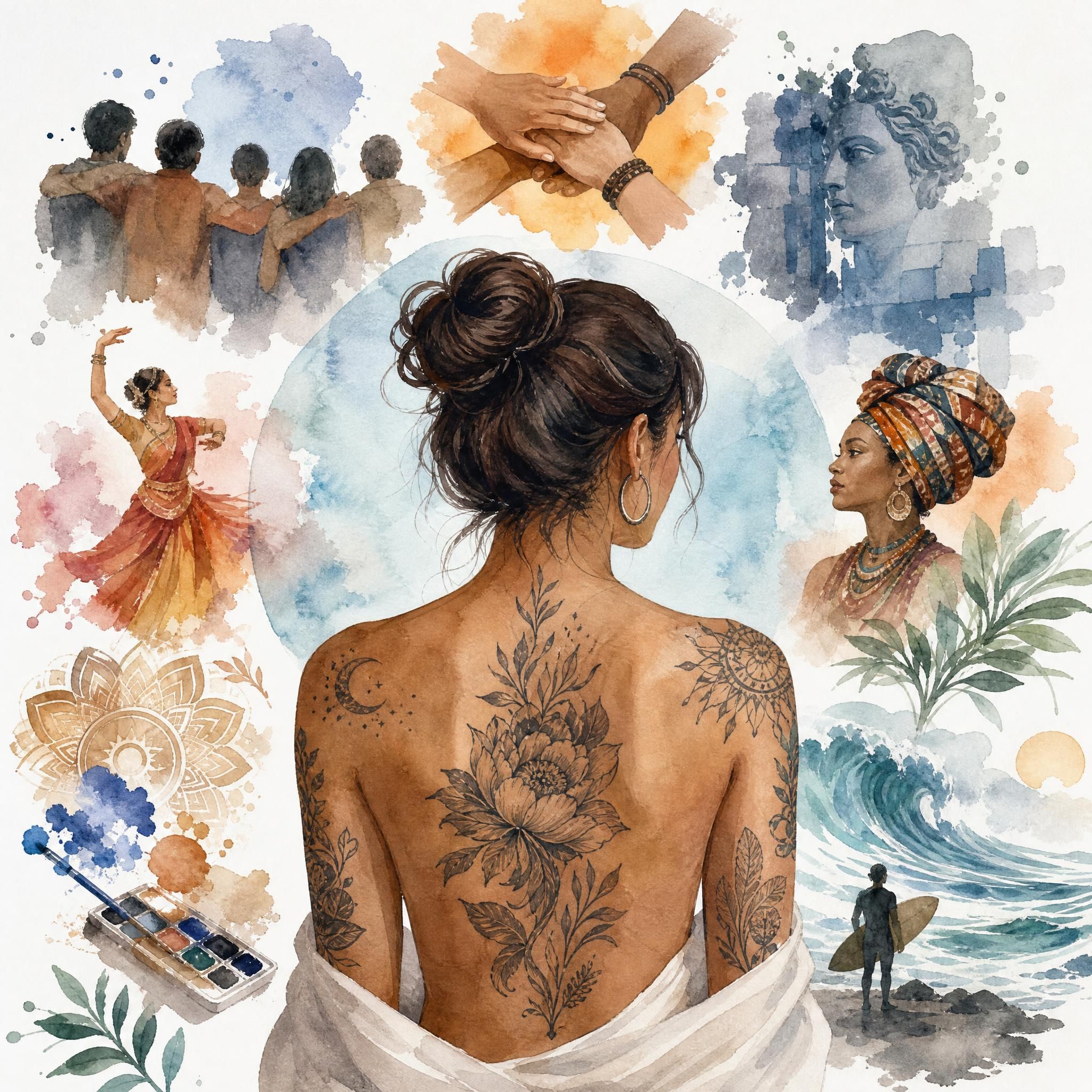 Illustration illustrative d'une peau tatouée entourée de symboles sociaux et culturels, style aquarelle sans texte