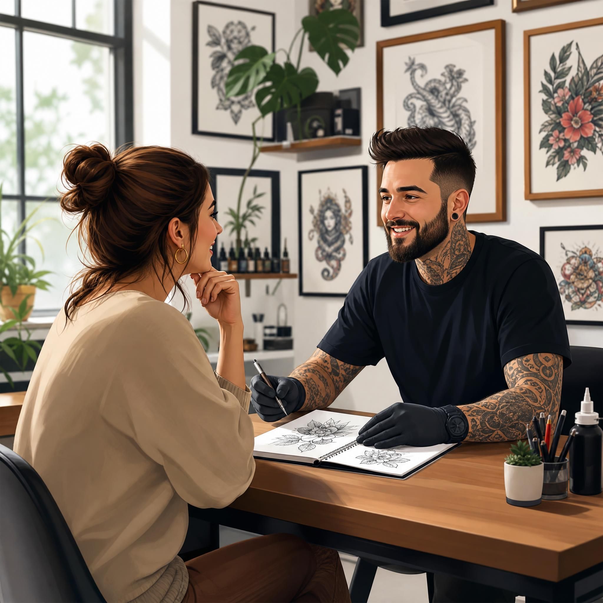 Illustration illustrative d'une personne discutant avec un tatoueur lors d'une consultation, ambiance détendue et professionnelle, style coloré sans texte