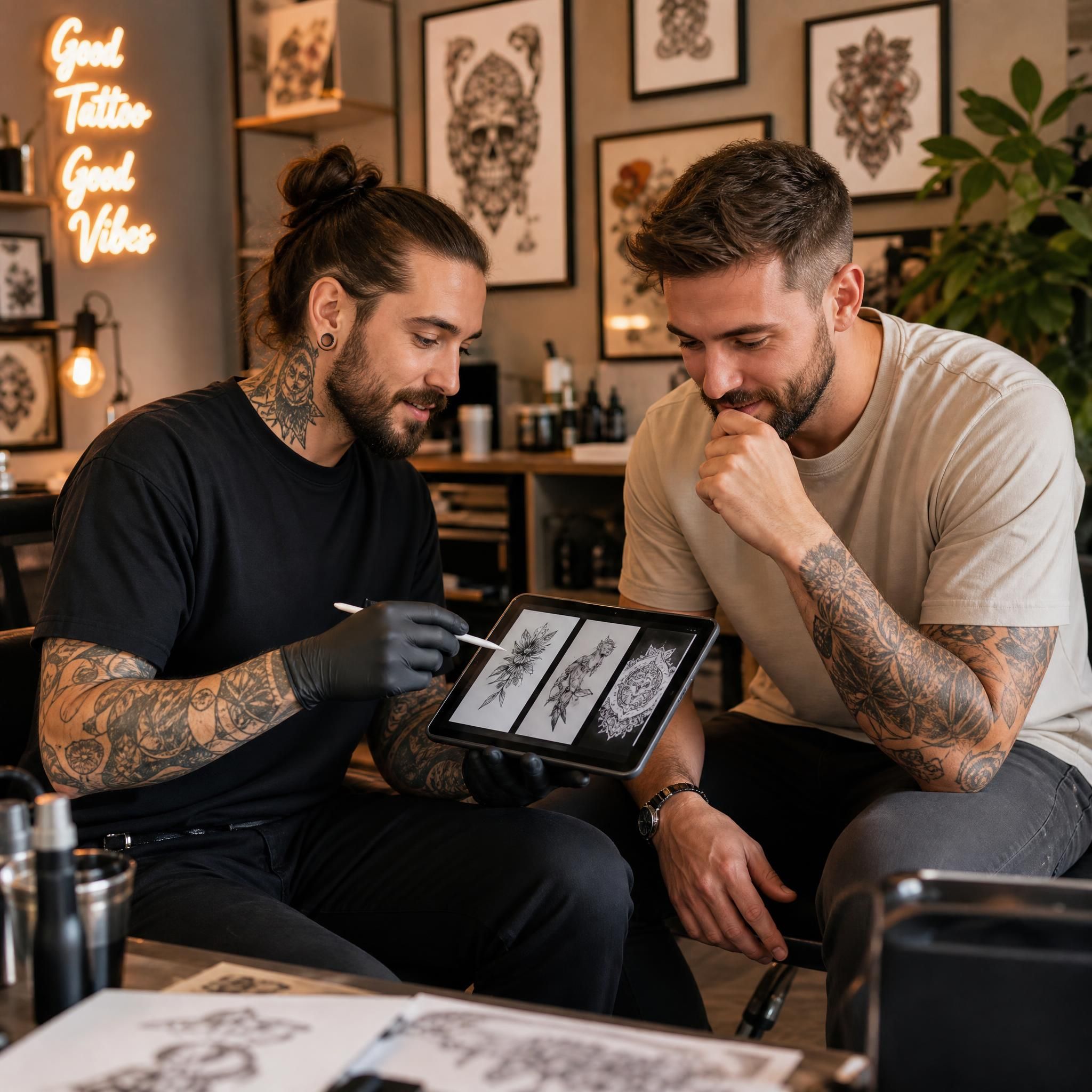 Illustration d'un tatoueur et d'un client en consultation créative, regardant ensemble des références artistiques sur une tablette, atmosphère chaleureuse et collaborative