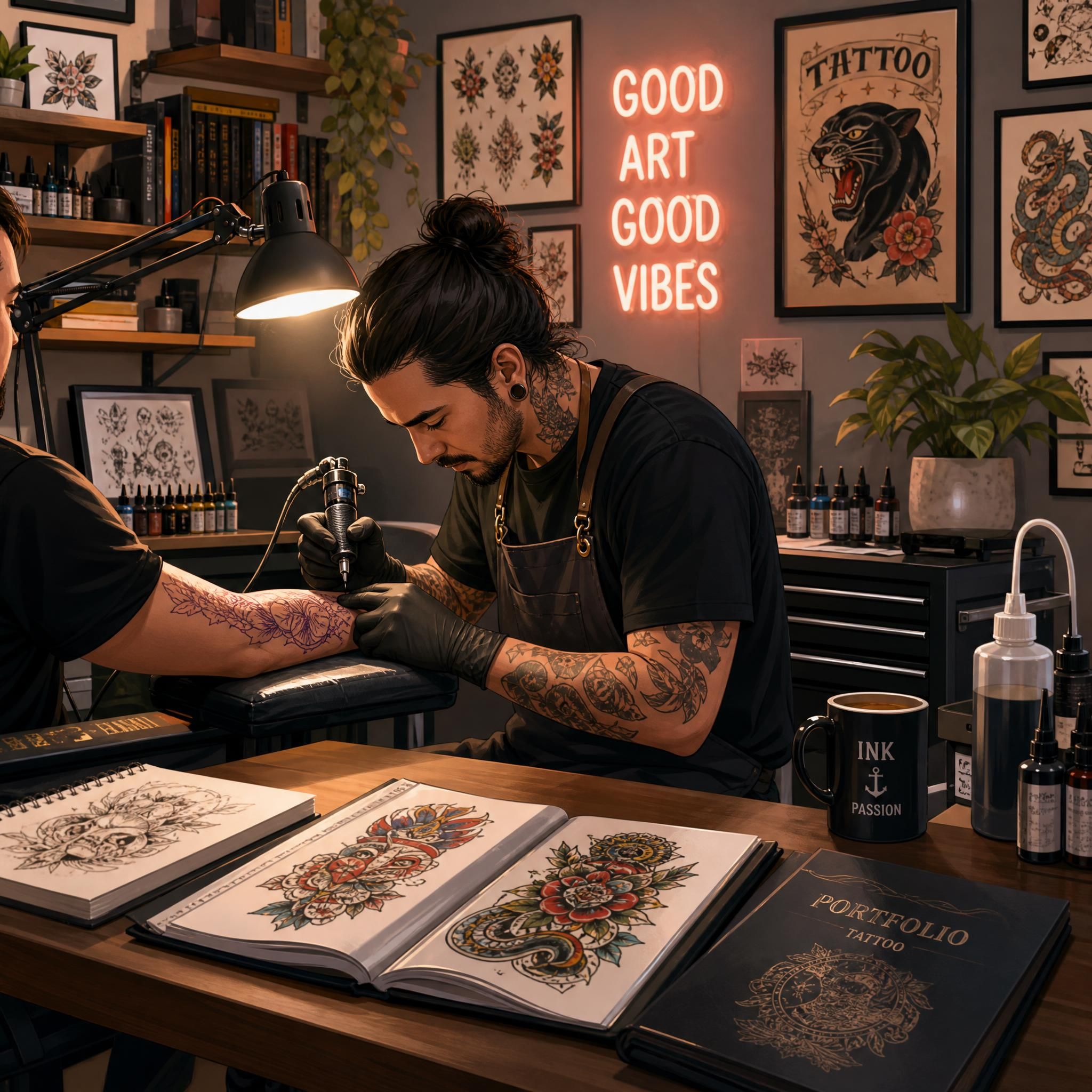 Illustration colorée et illustrative d'un tatoueur au travail dans un studio moderne, entouré de dessins et de portfolios, ambiance chaleureuse et artistique