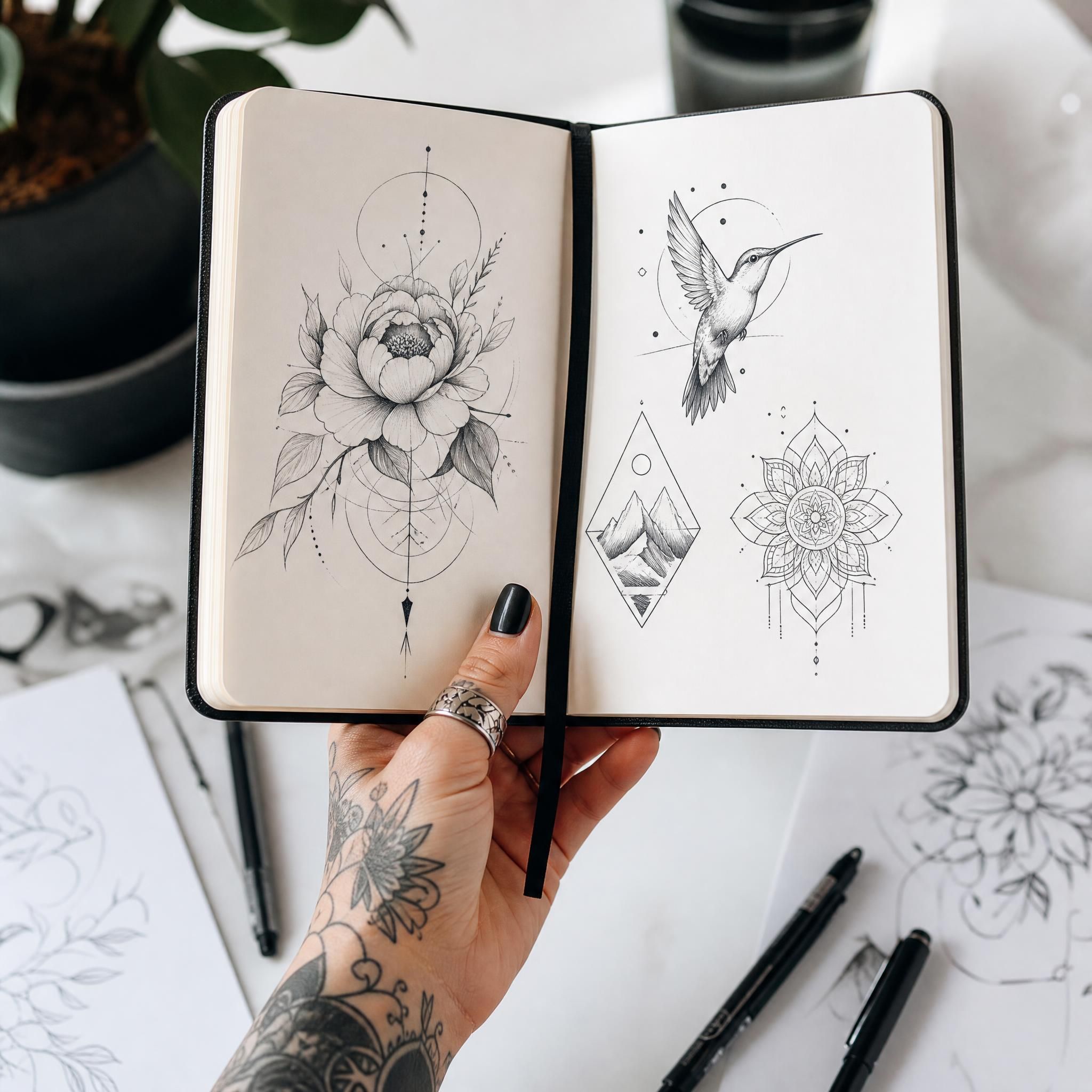 Illustration d'une main tatouée élégante tenant un carnet de croquis ouvert avec des motifs artistiques, symbolisant la créativité et la passion du tatouage