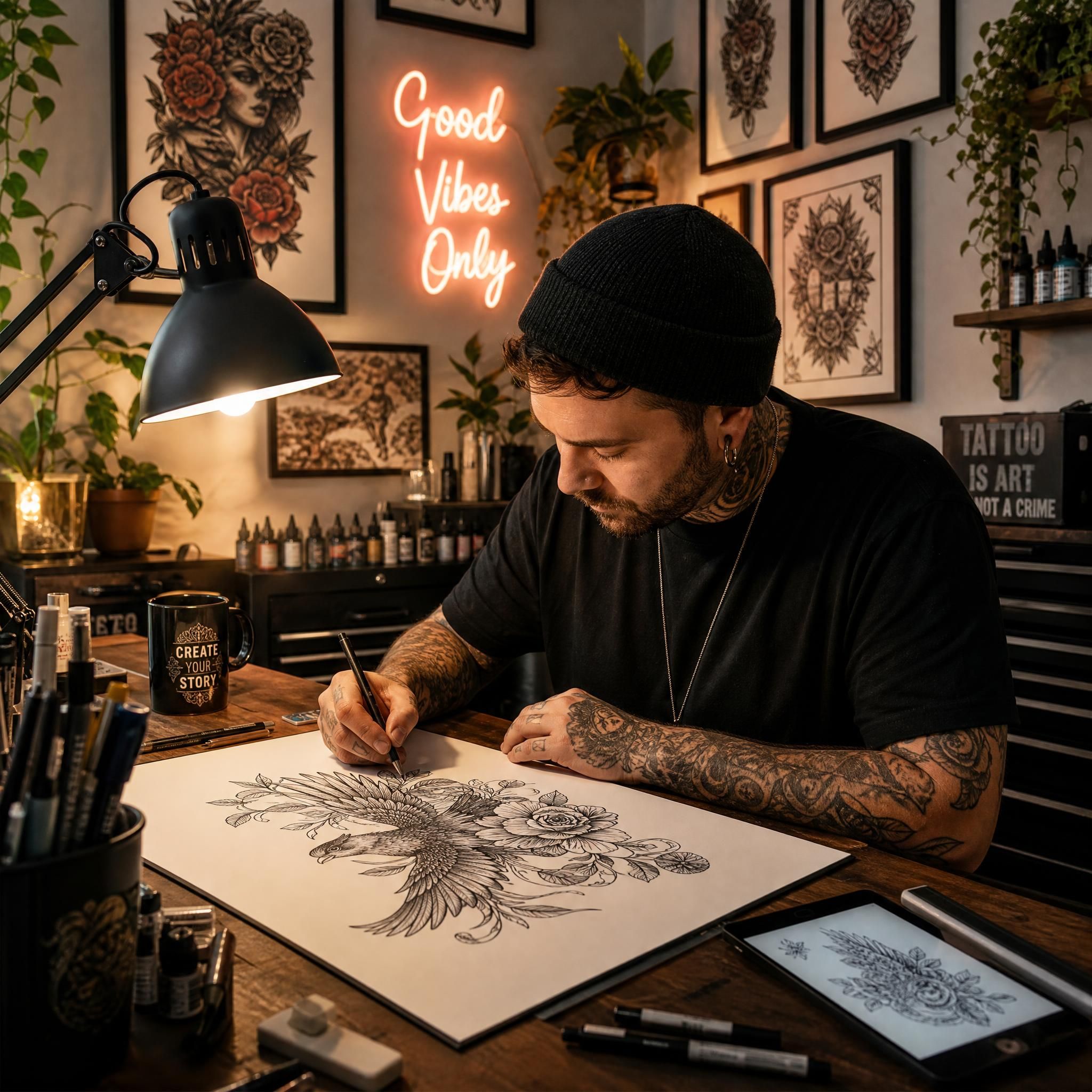 Illustration illustrative montrant un tatoueur artiste en train de dessiner un motif original dans son studio, ambiance chaleureuse et créative
