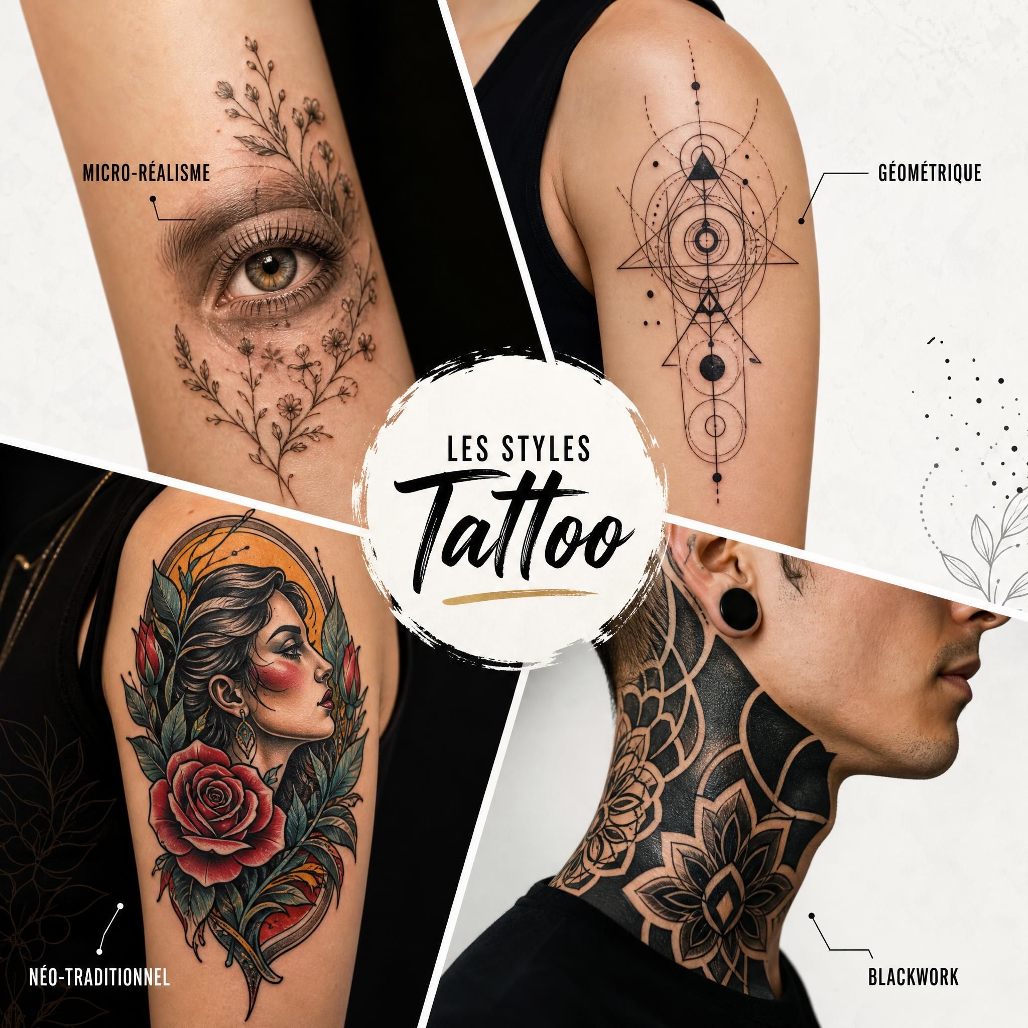 Illustration montrant une mosaïque de différents styles de tatouage — micro-réalisme, géométrique, néo-traditionnel, blackwork — présentés de façon artistique et colorée