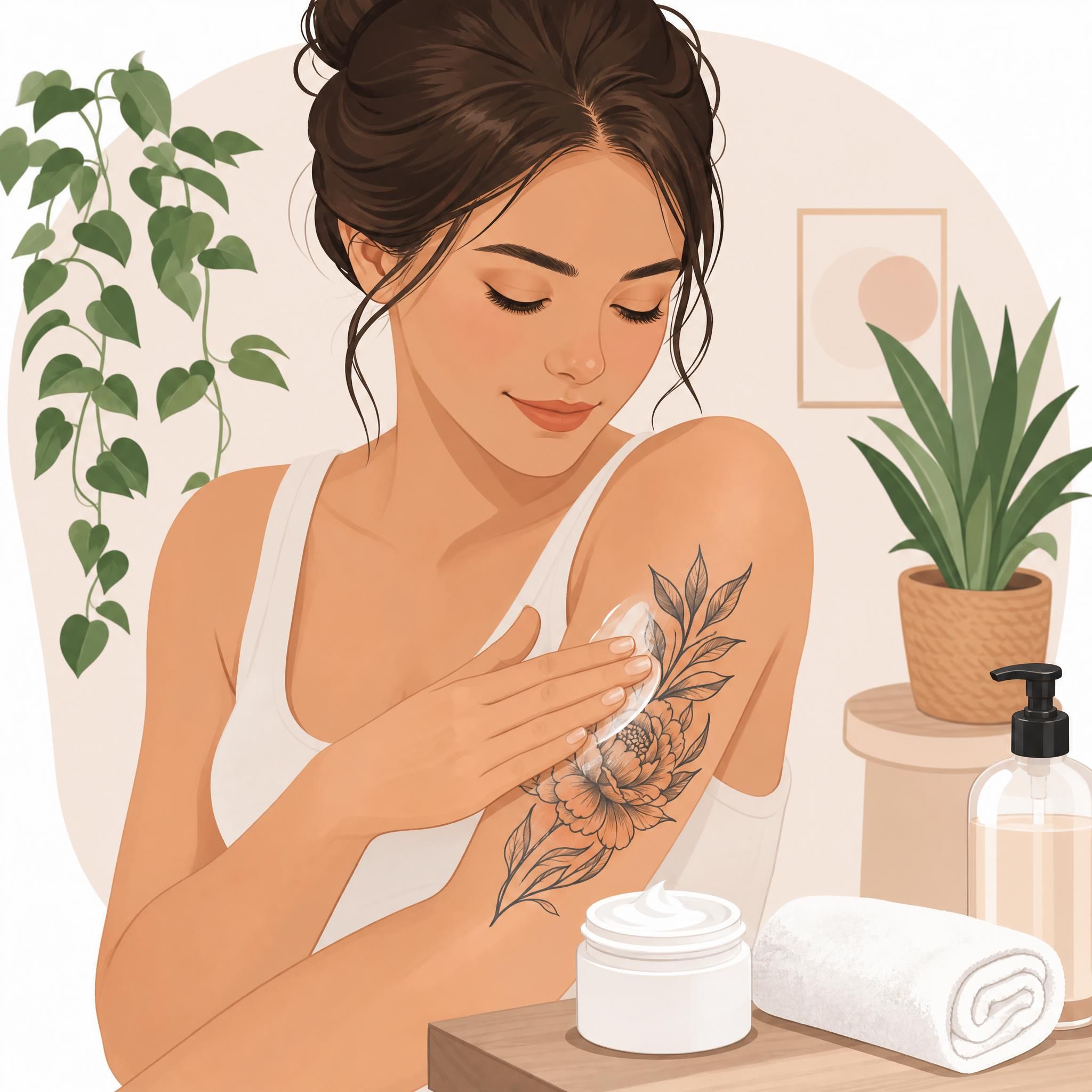 Illustration douce et rassurante montrant les soins d'un tatouage frais avec crème hydratante et gestes doux, style illustratif sans texte