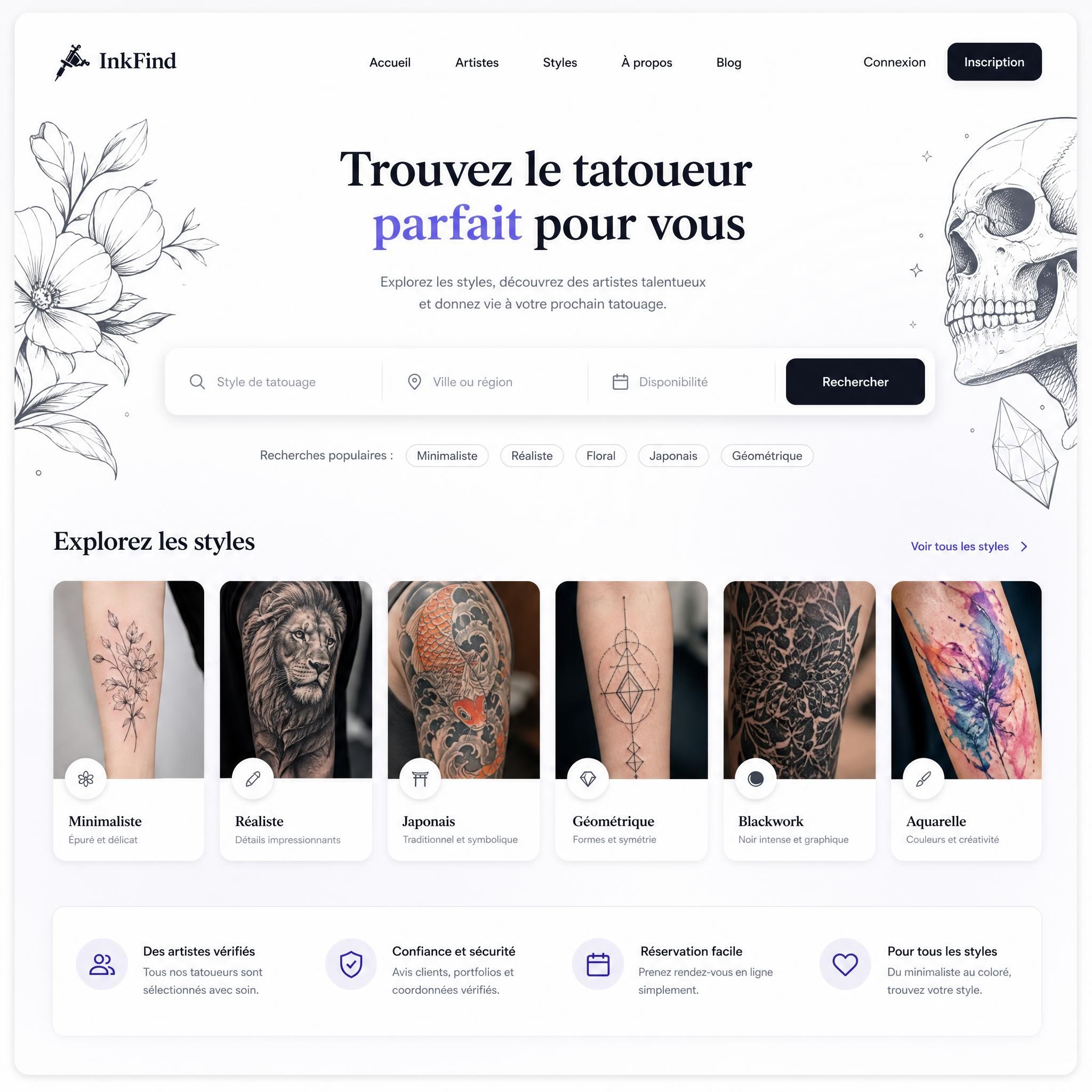 Illustration illustrative d'une interface de recherche de tatoueur en ligne, style moderne et épuré, avec des vignettes de styles de tatouage variés