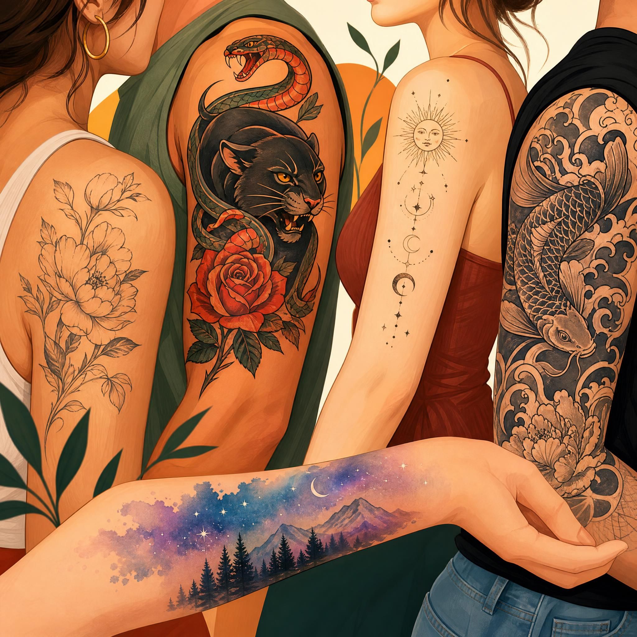 Illustration colorée et inspirante montrant différents styles de tatouage sur une peau, style illustratif sans texte, ambiance chaleureuse et artistique
