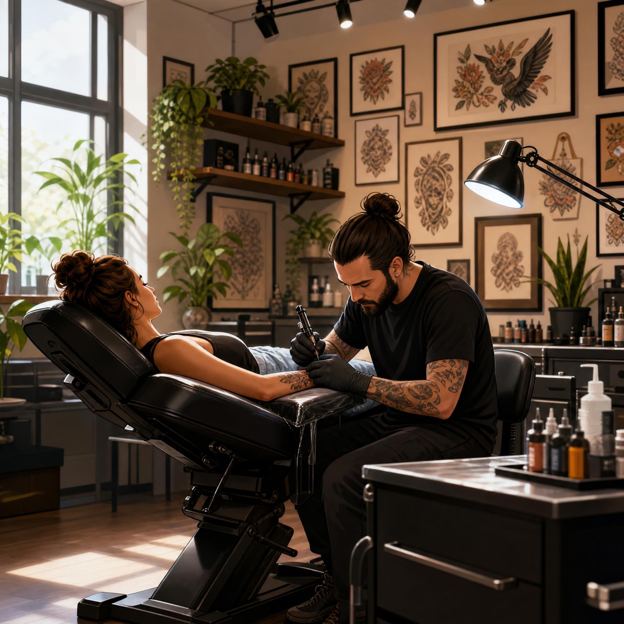 Illustration d'un studio de tatouage propre et accueillant avec un artiste au travail, ambiance professionnelle et chaleureuse, style illustratif sans texte