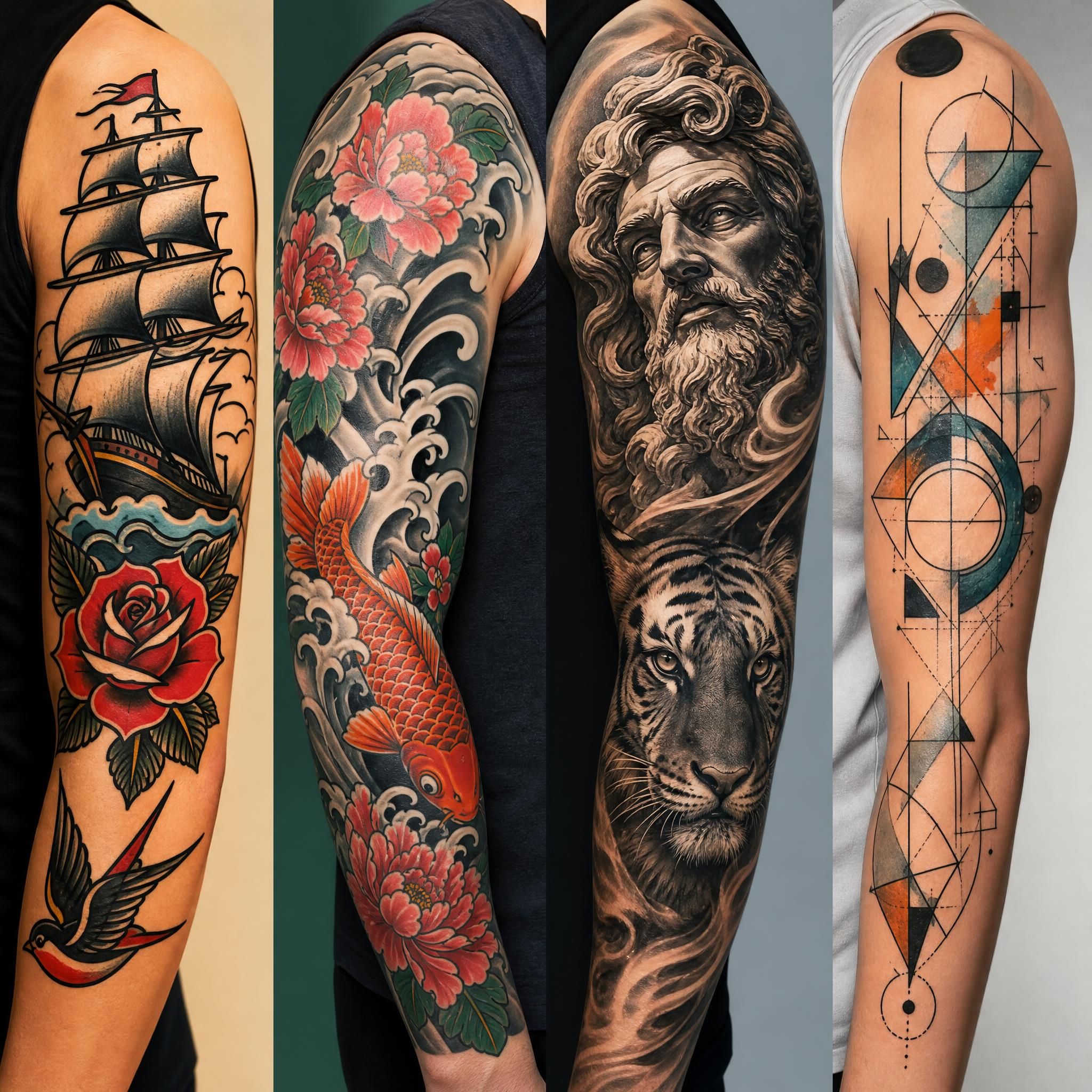Illustration illustrative montrant plusieurs styles de tatouage côte à côte — old school, japonais, réaliste, géométrique — sans texte, style graphique coloré