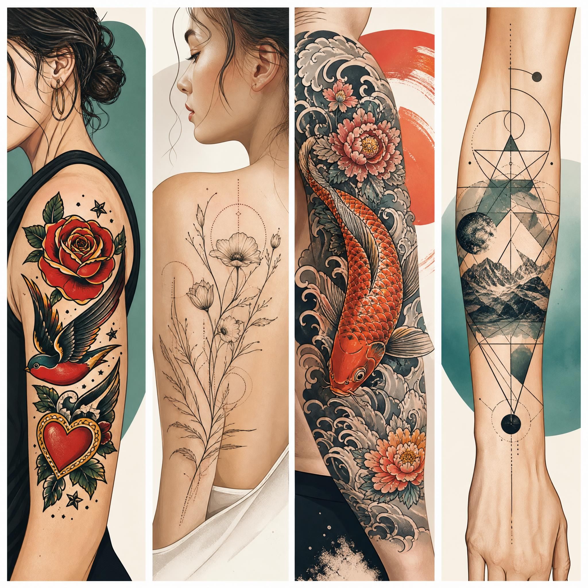 Illustration comparative et colorée des différents styles de tatouage - old school, fine line, japonais et géométrique - style illustratif artistique sans texte