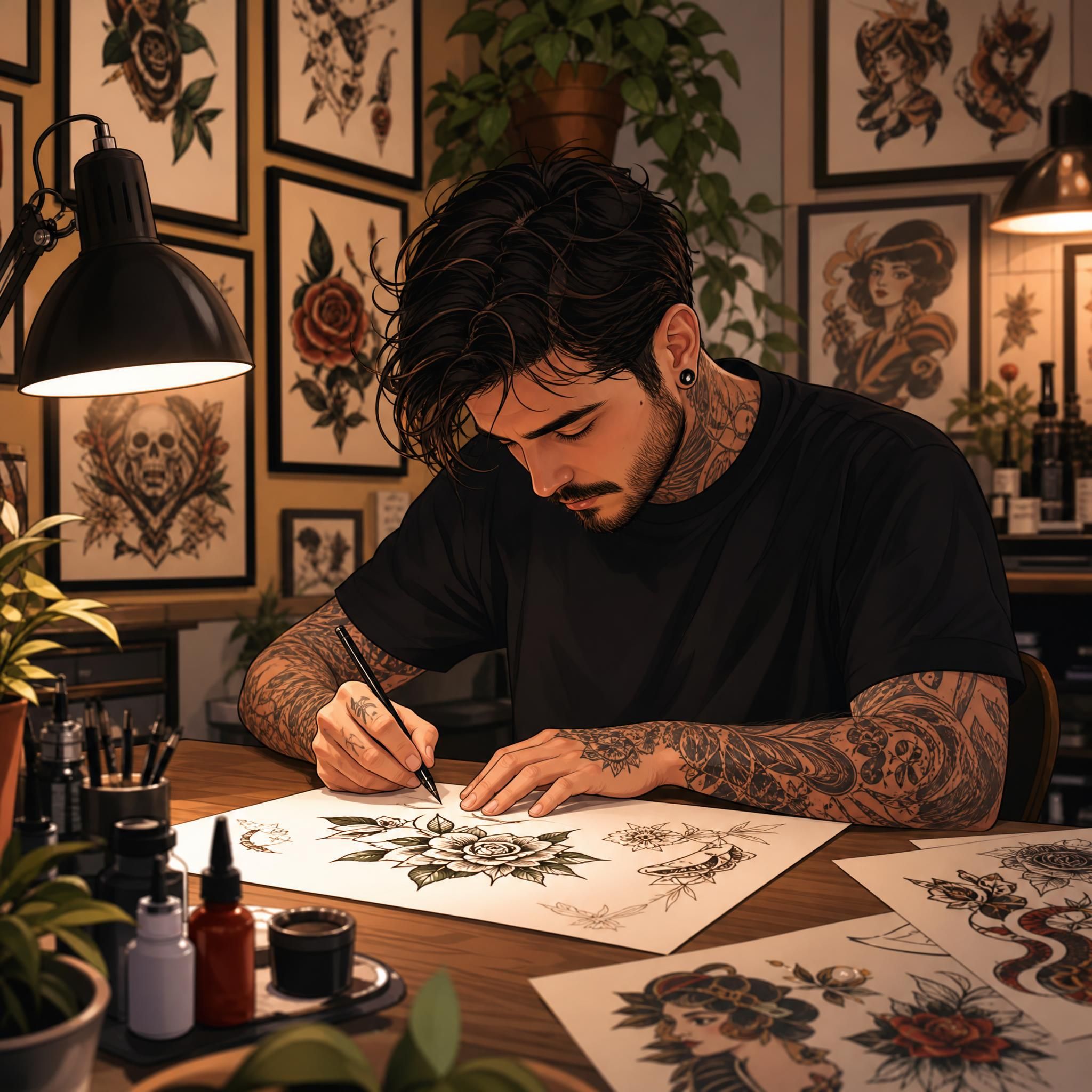 Illustration illustrative et douce montrant un tatoueur en train de dessiner un flash tattoo dans son studio, ambiance chaleureuse et artistique, sans texte