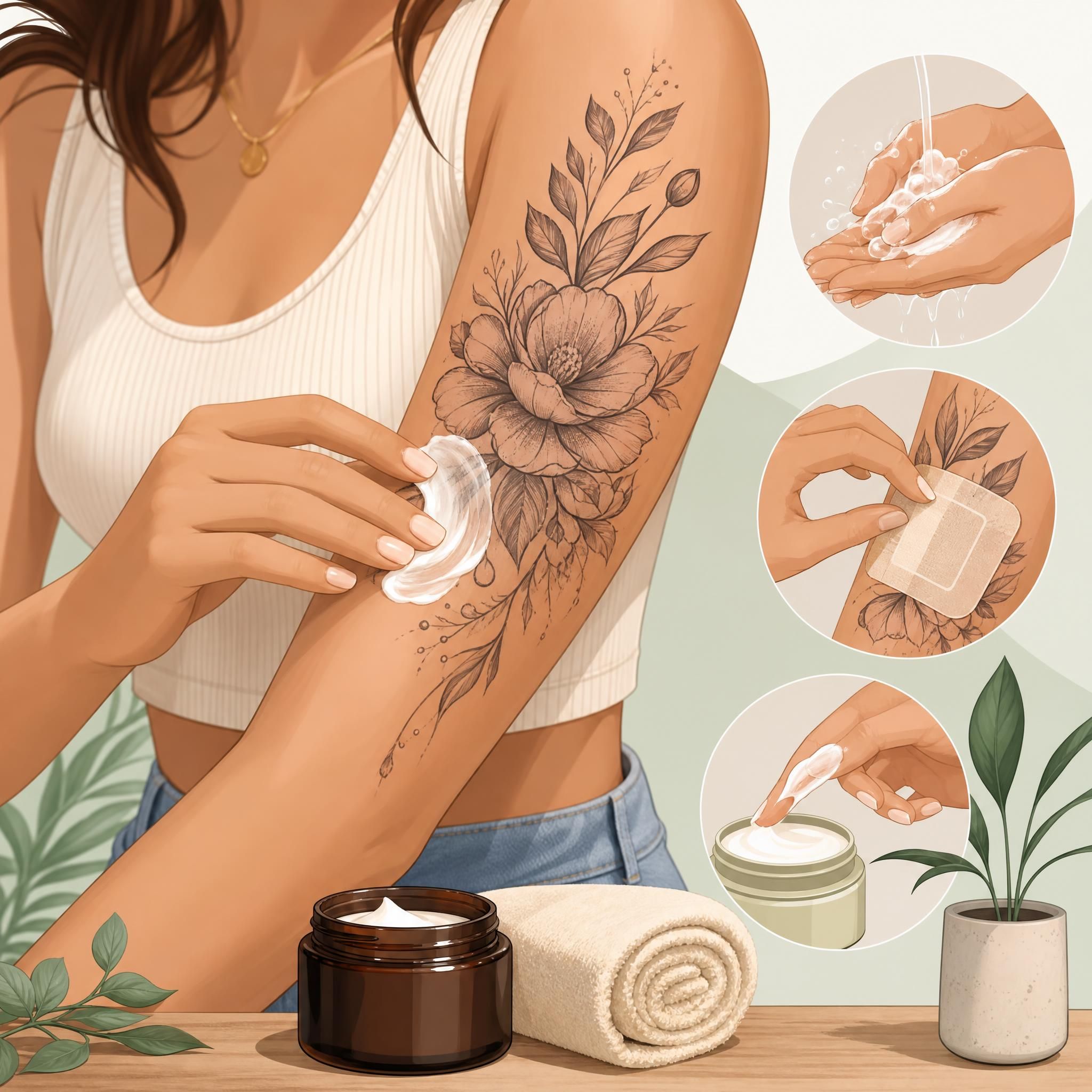 Illustration illustrative et apaisante montrant des soins de tatouage – crème, pansement, gestes doux sur une peau tatouée – style graphique sans texte