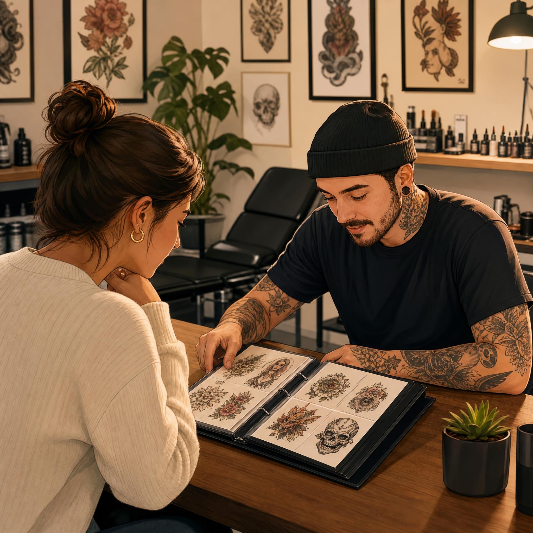 Illustration illustrative montrant une personne regardant un portfolio de tatouages dans un salon propre et accueillant, style dessin doux et chaleureux, sans texte