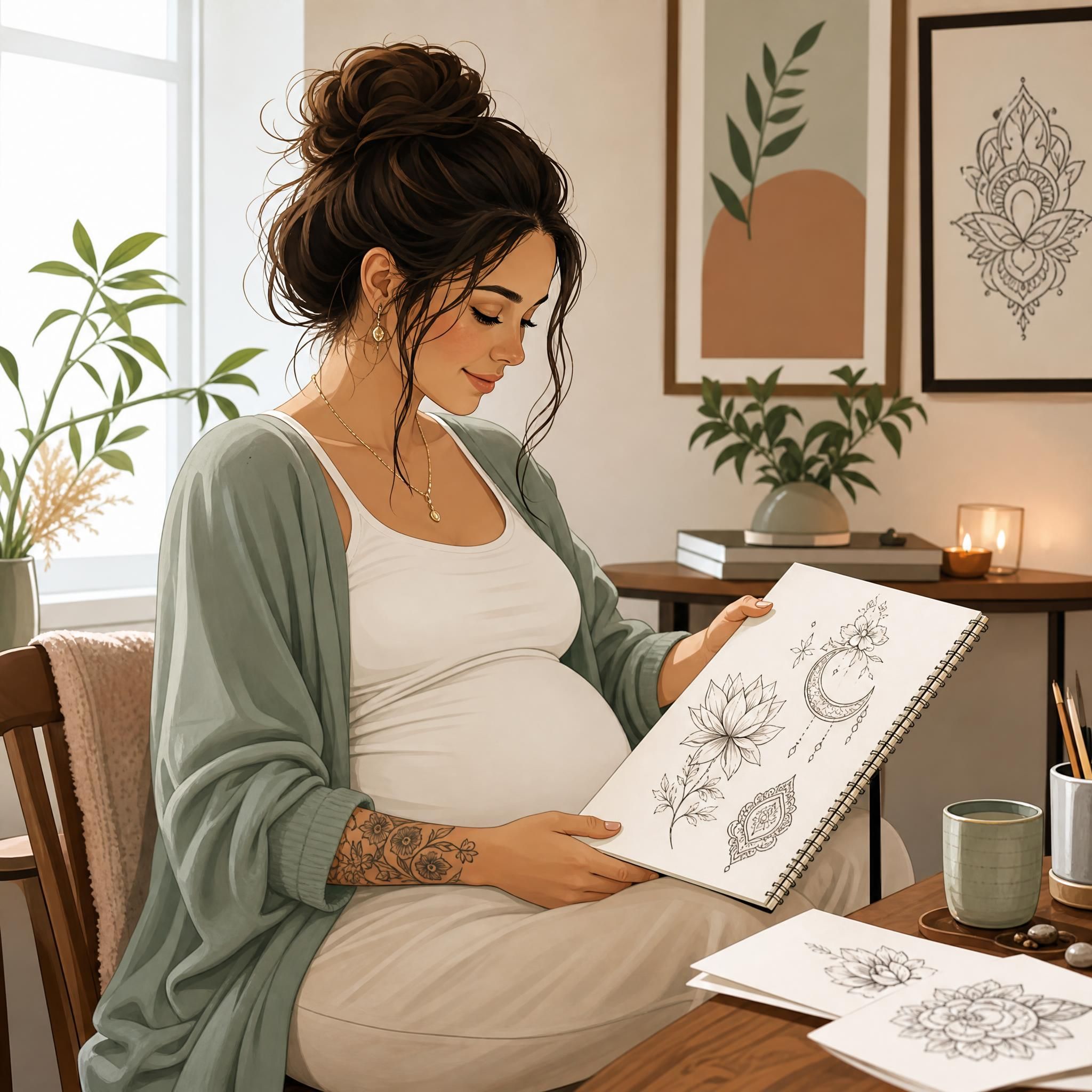 Illustration d'une femme enceinte sereine regardant un carnet de croquis de tatouage, style illustratif doux et bienveillant sans texte