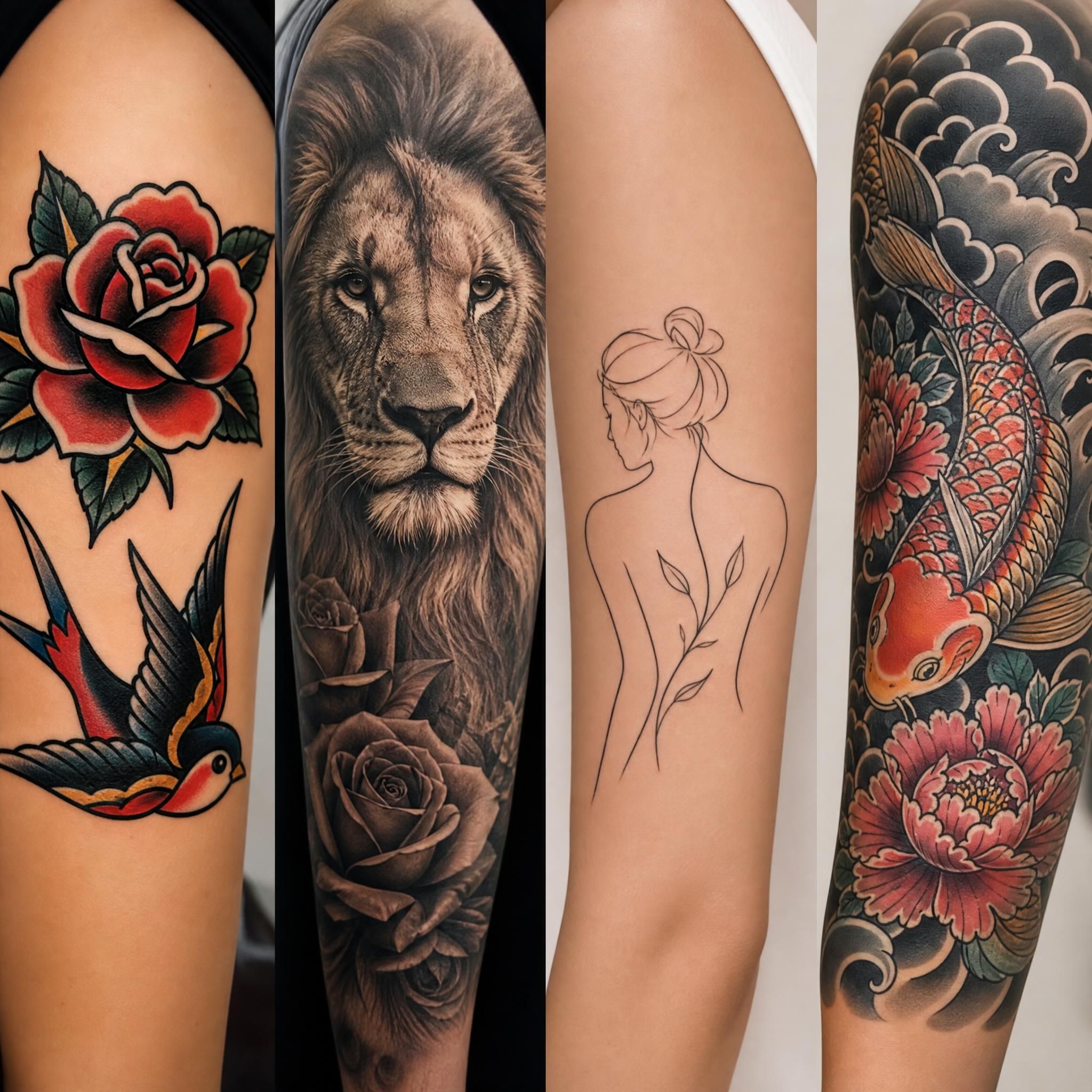 Illustration colorée et illustrative montrant plusieurs styles de tatouage côte à côte – traditionnel, réaliste, minimaliste, japonais – sans texte