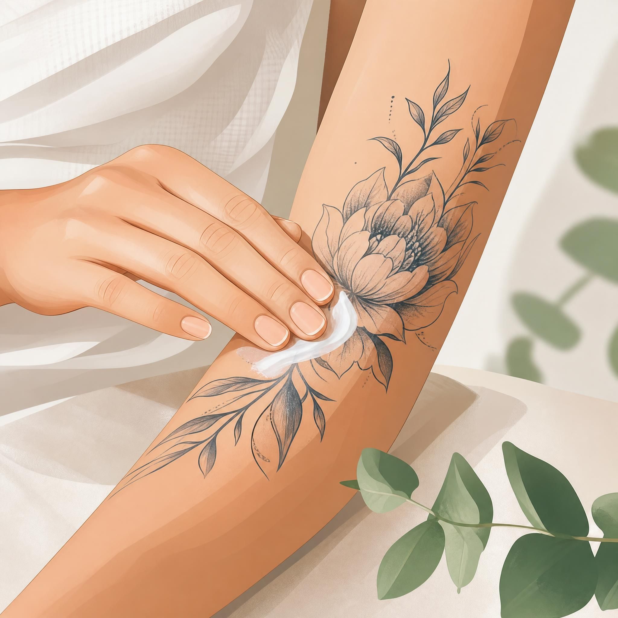 Illustration d'une main appliquant délicatement une crème sur un tatouage en cours de cicatrisation, style illustratif doux sans texte