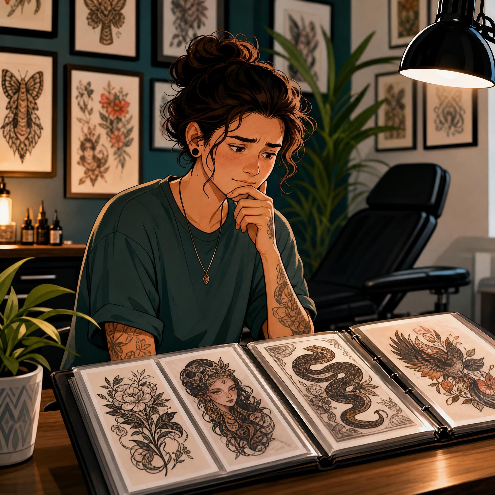 Illustration décontractée d'une personne hésitante face à un portfolio de tatouage, style illustratif coloré sans texte