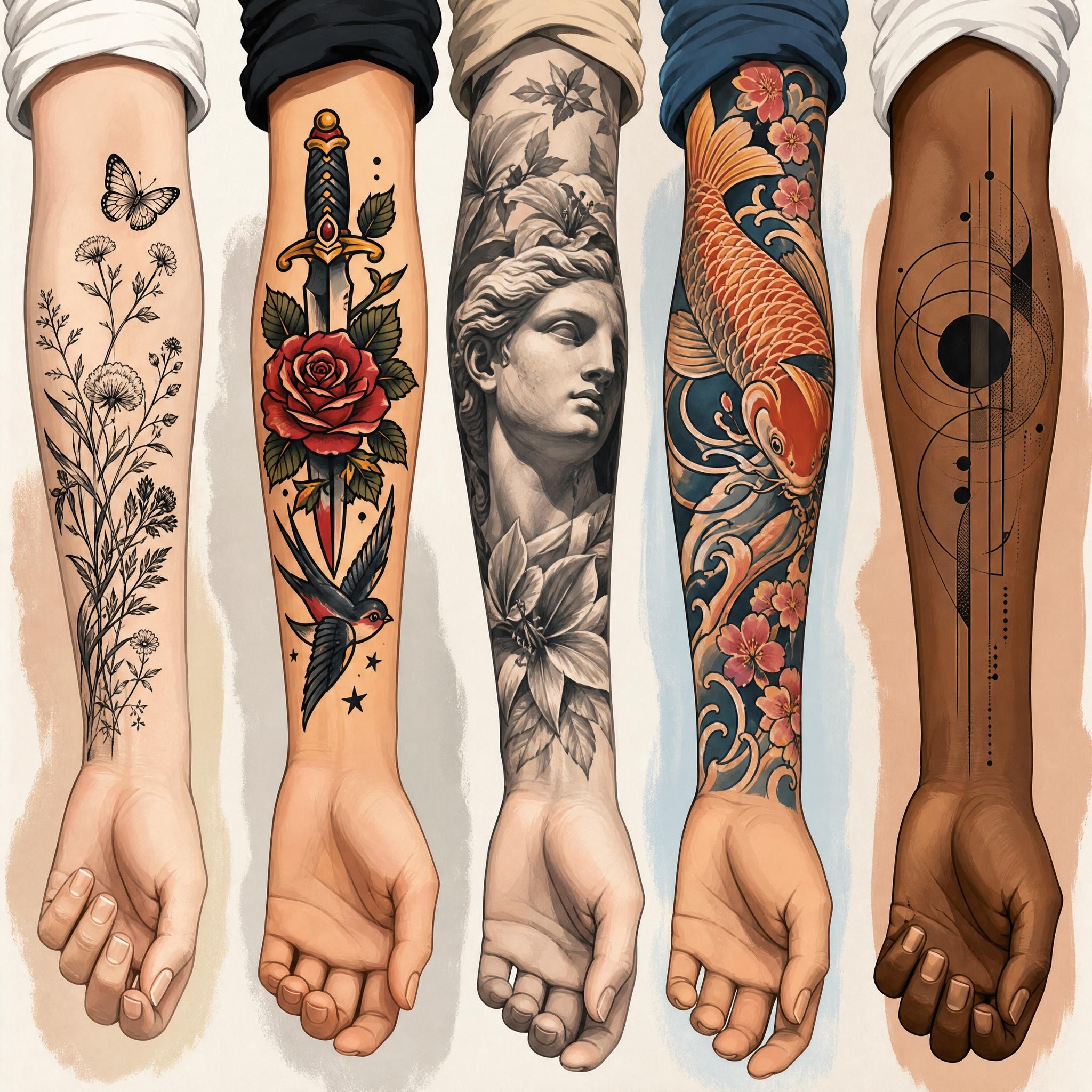 Illustration montrant différents styles de tatouage côte à côte sur des bras, style graphique illustratif coloré sans texte