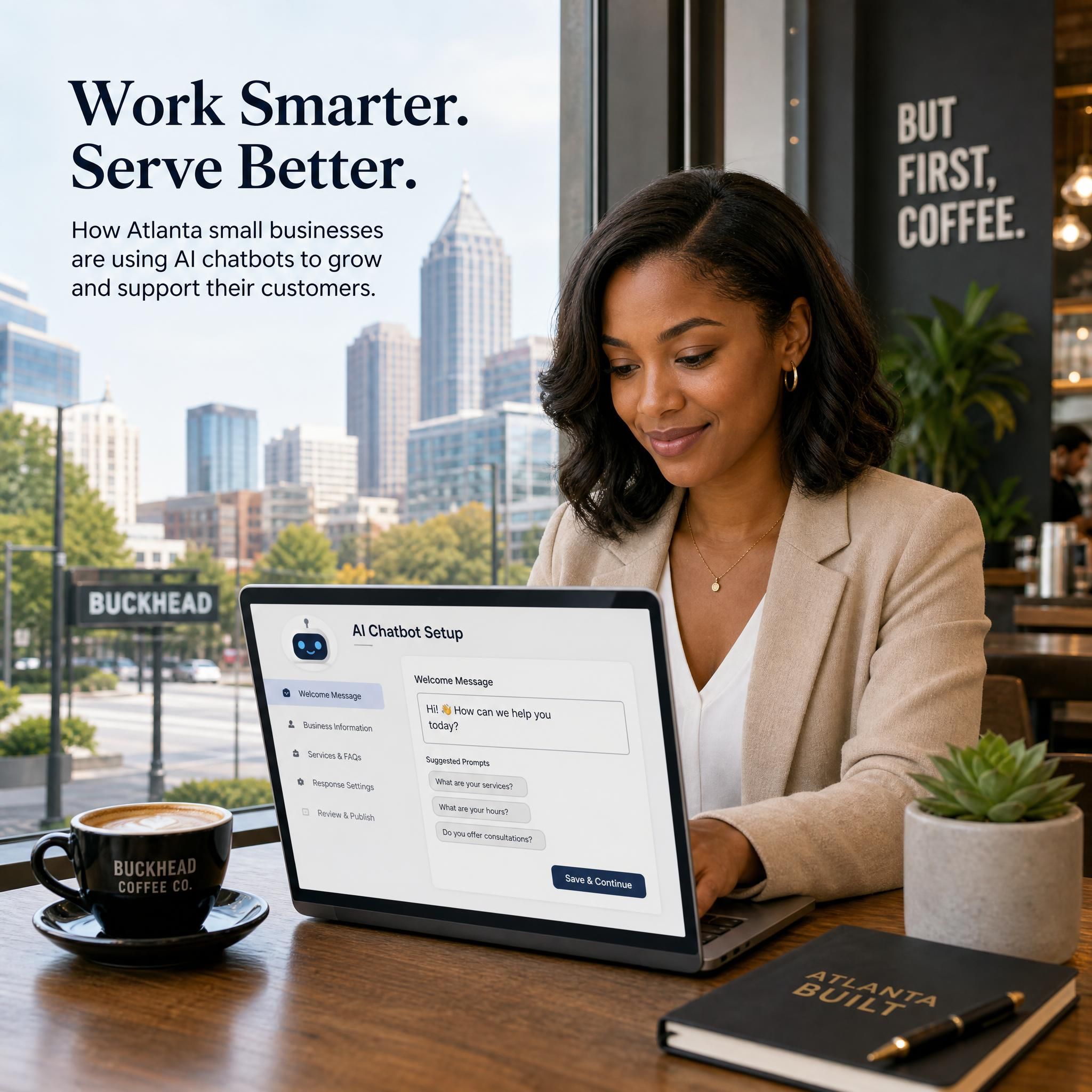 Atlanta small business owner setting up an AI chatbot on a laptop at a Buckhead coffee shop