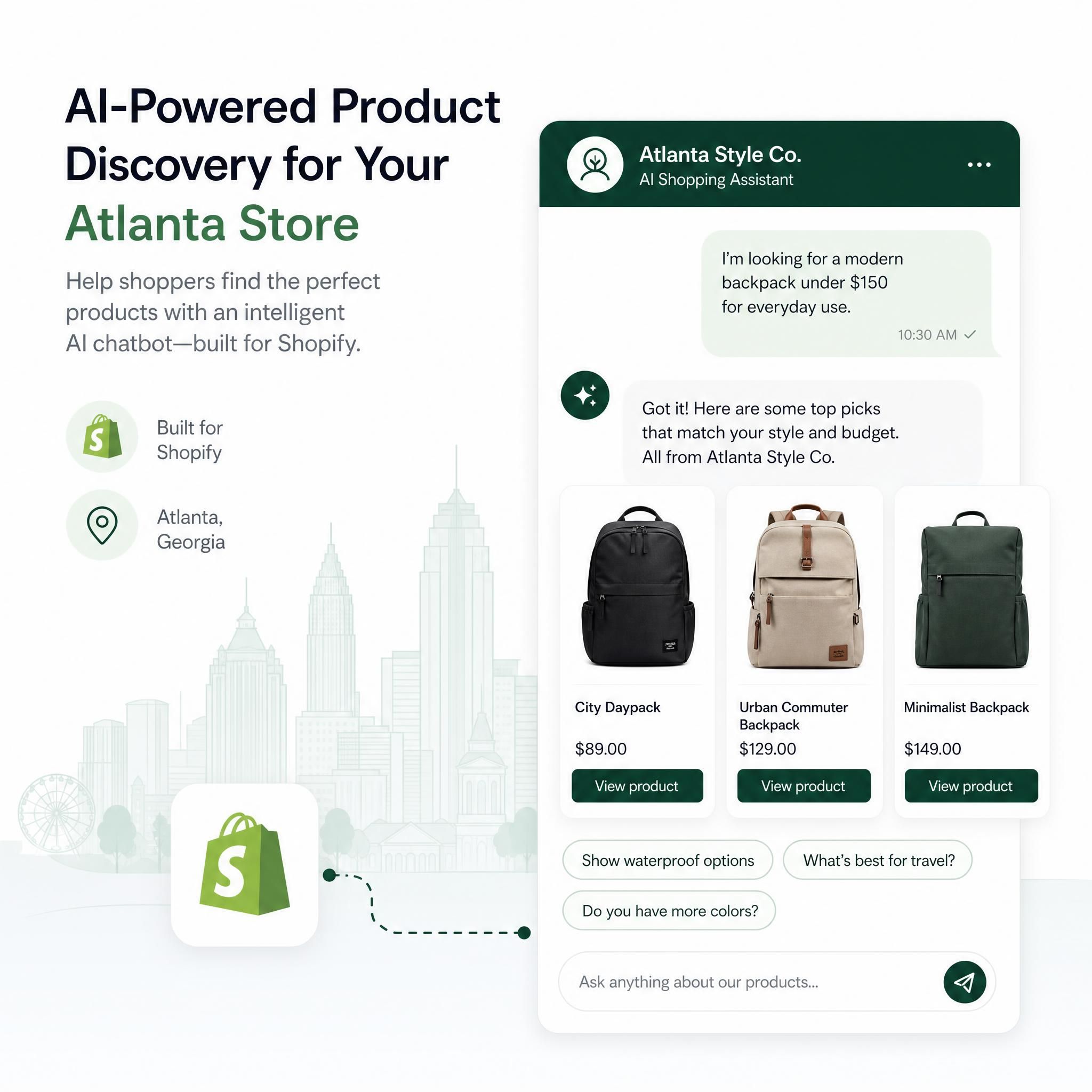 Shopify AI chatbot product discovery interface showing Atlanta e-commerce store integration