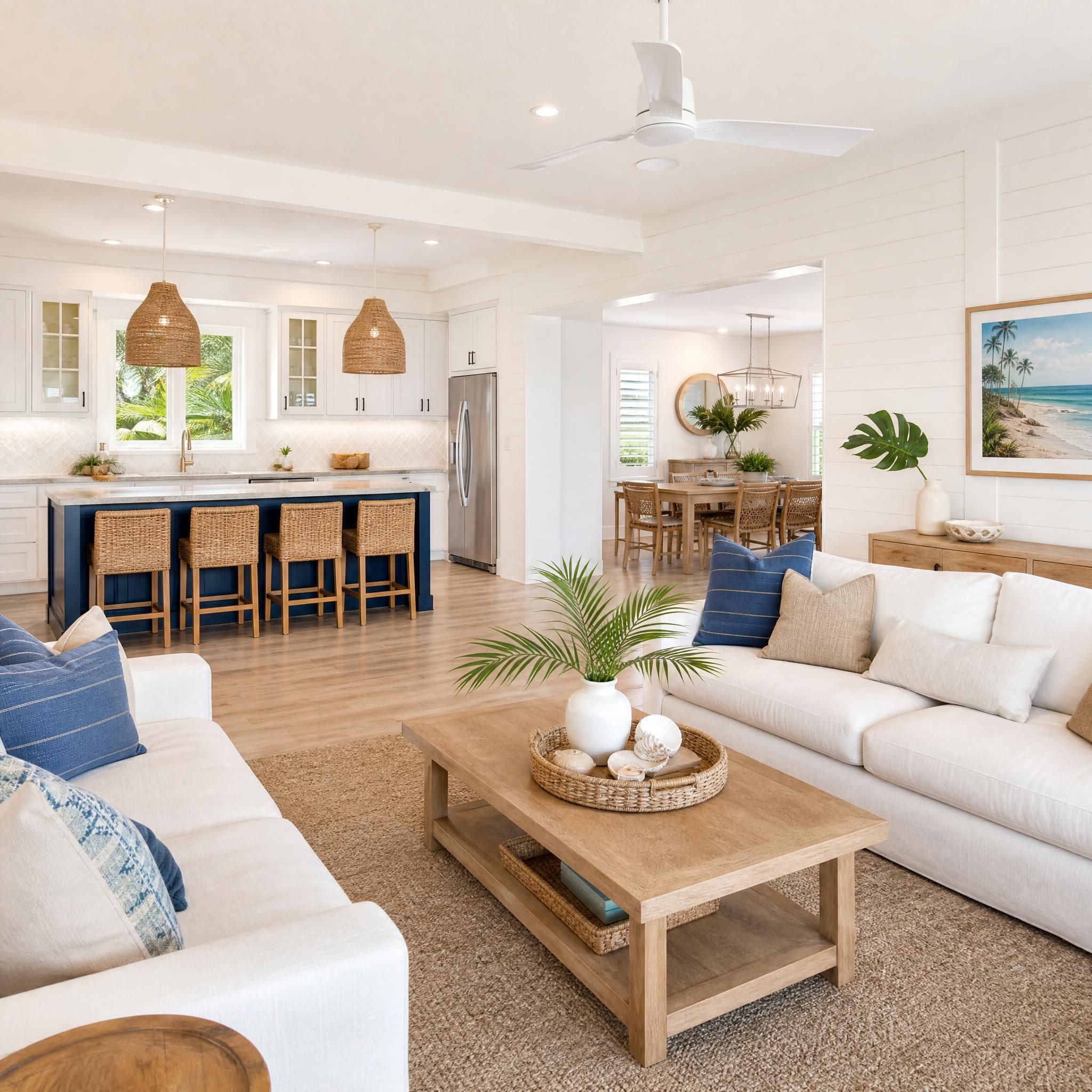 Beautifully staged South Florida home interior with coastal decor, clean modern kitchen and bright open living space ready for professional real estate photography
