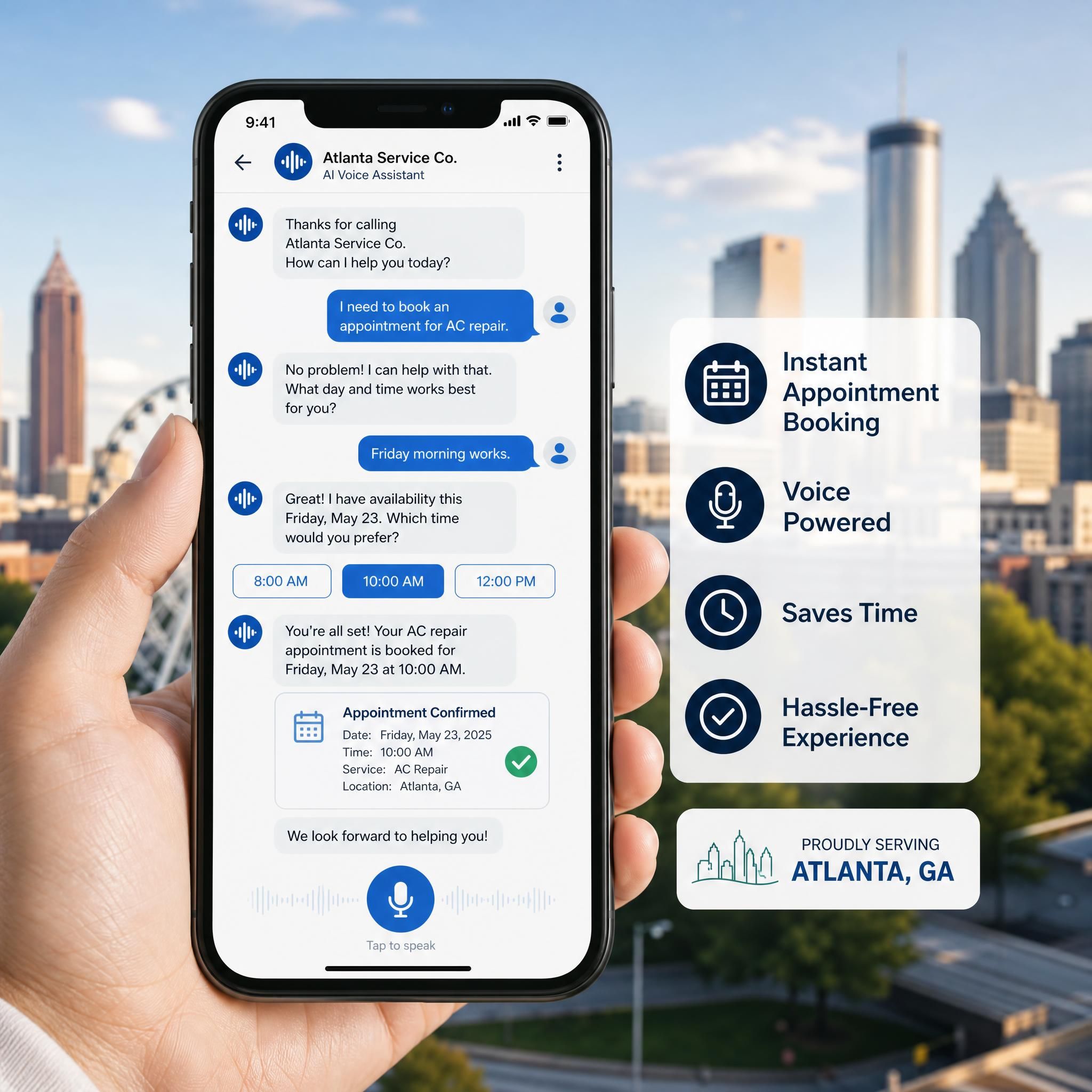 Voice chatbot interface on smartphone showing Atlanta service business appointment booking