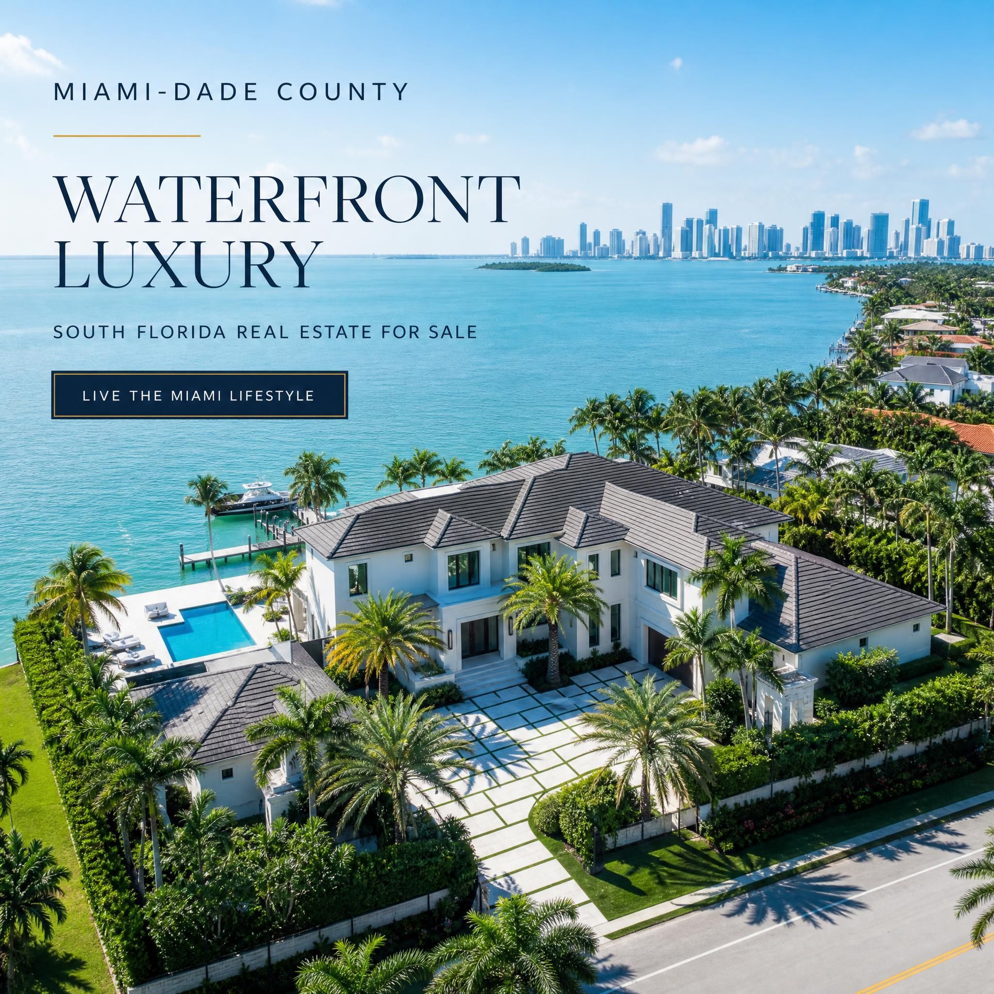Aerial view of luxury waterfront property in Miami-Dade County with Biscayne Bay in the background, South Florida real estate for sale