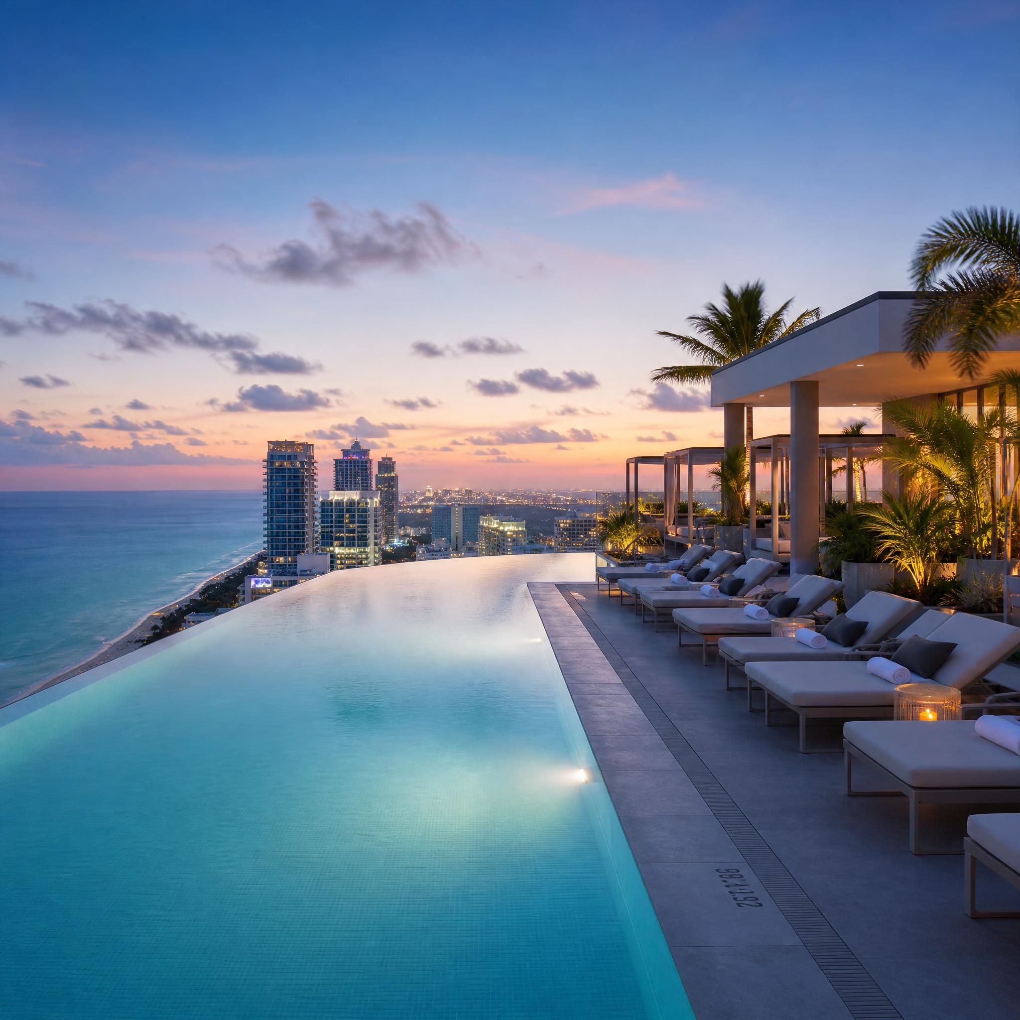 Rooftop pool at a Miami luxury high-rise with panoramic ocean and city views at dusk