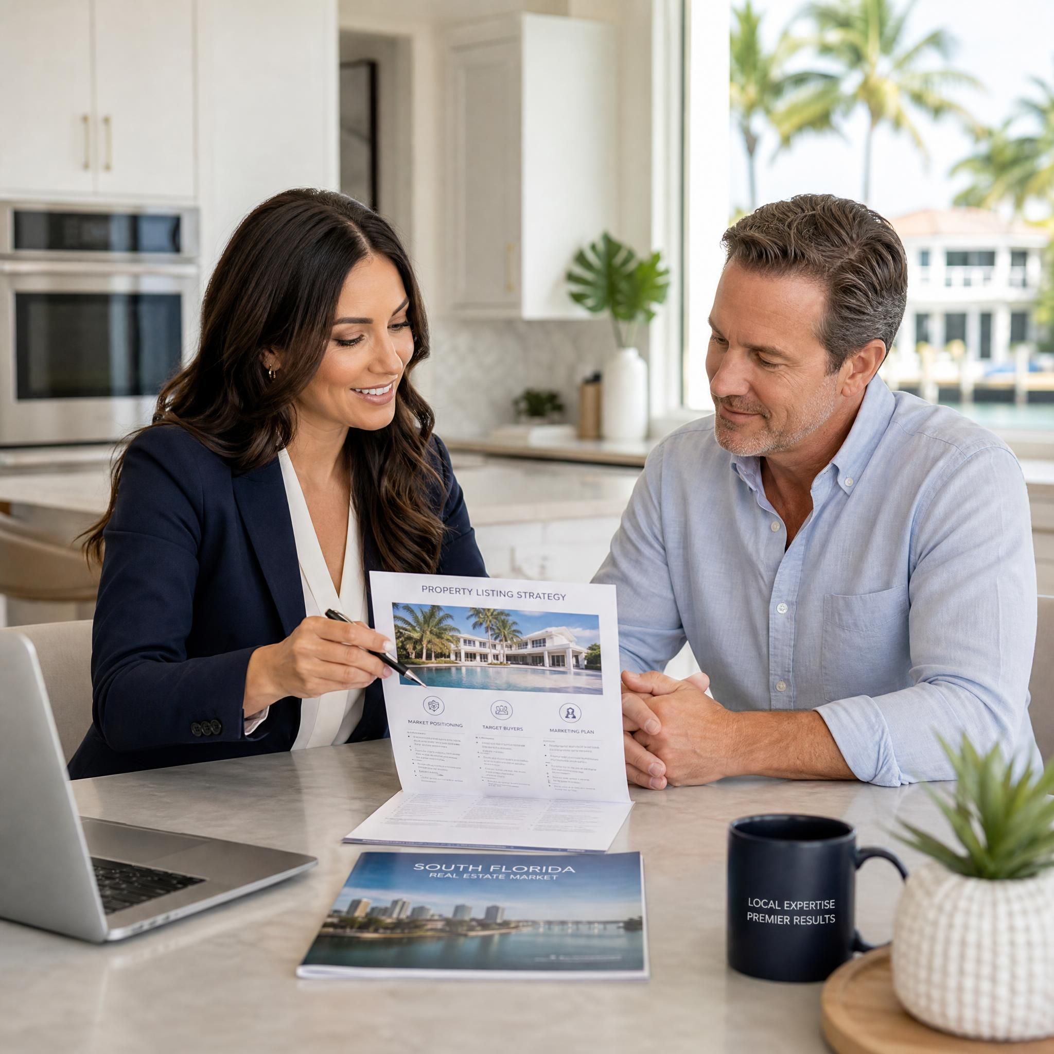 Professional real estate agent reviewing documents with South Florida home seller at a modern kitchen table, consultation meeting for property listing strategy