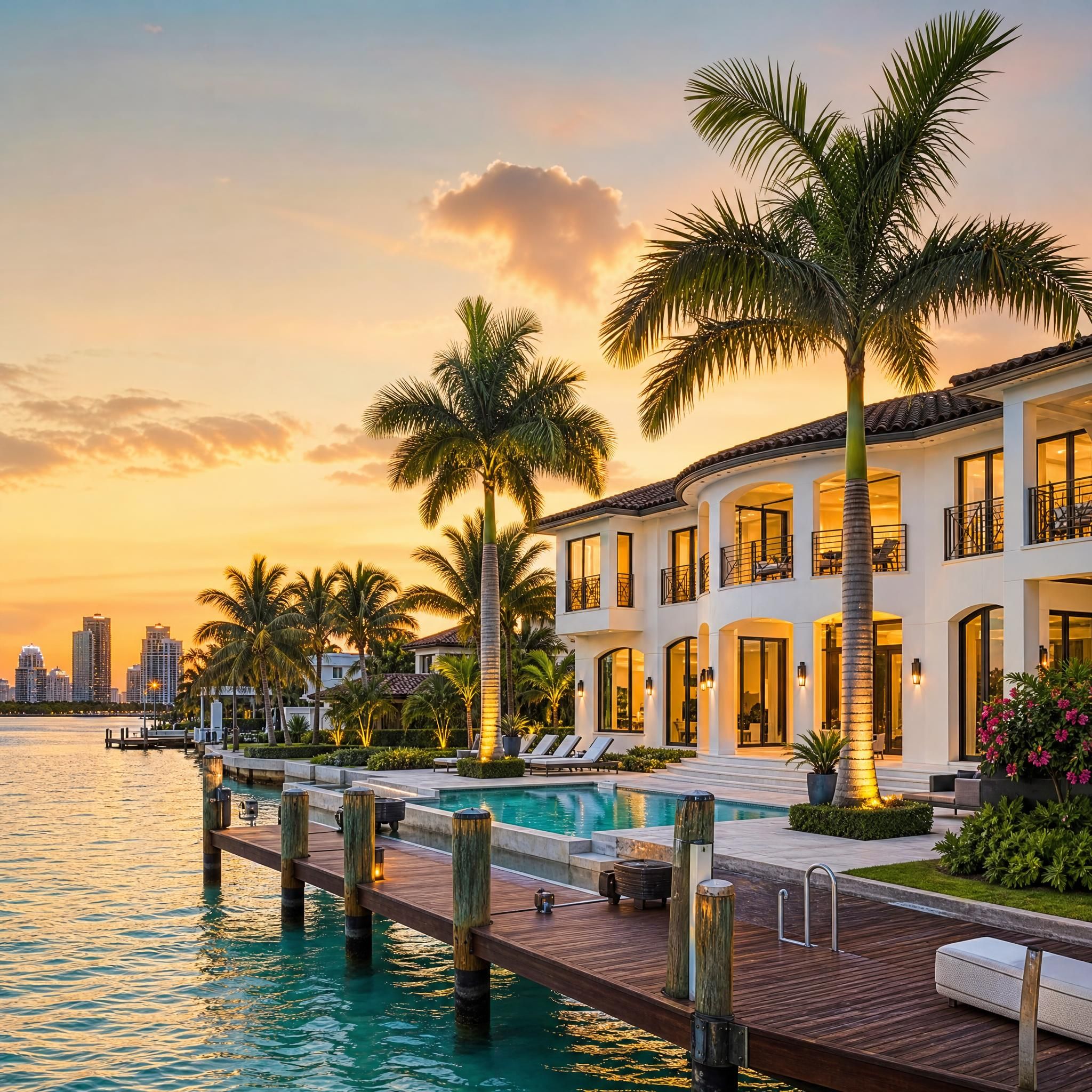 Miami Beach luxury waterfront estate with private dock and tropical landscaping at golden hour