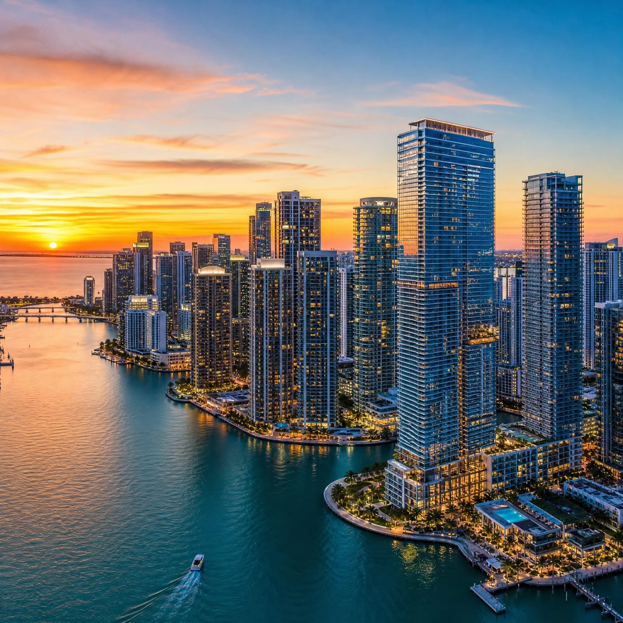 Aerial view of Miami luxury new construction skyline at sunset with Brickell waterfront towers and Biscayne Bay