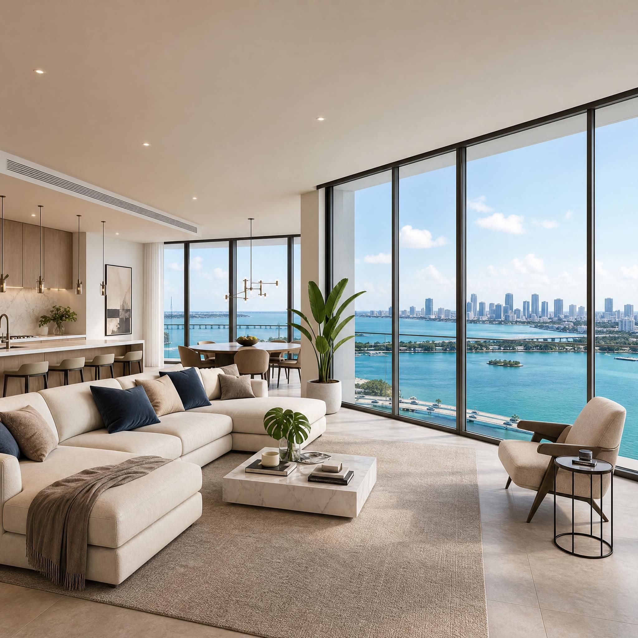 Modern luxury Miami condo interior with floor-to-ceiling windows overlooking Biscayne Bay and city skyline