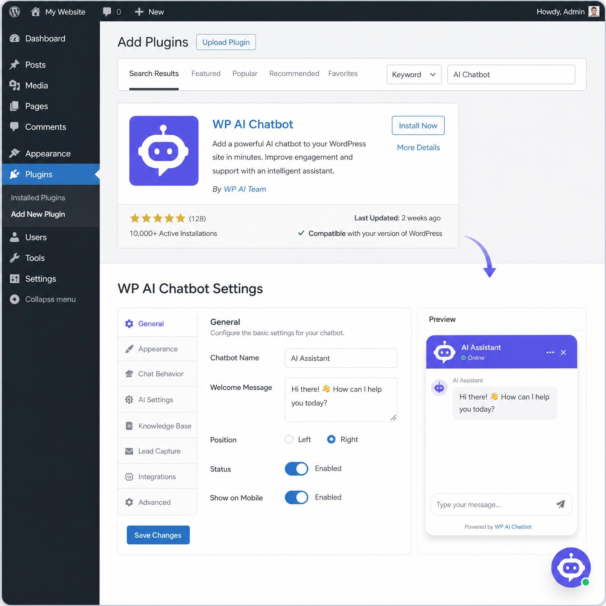 WordPress dashboard showing chatbot plugin installation and configuration settings
