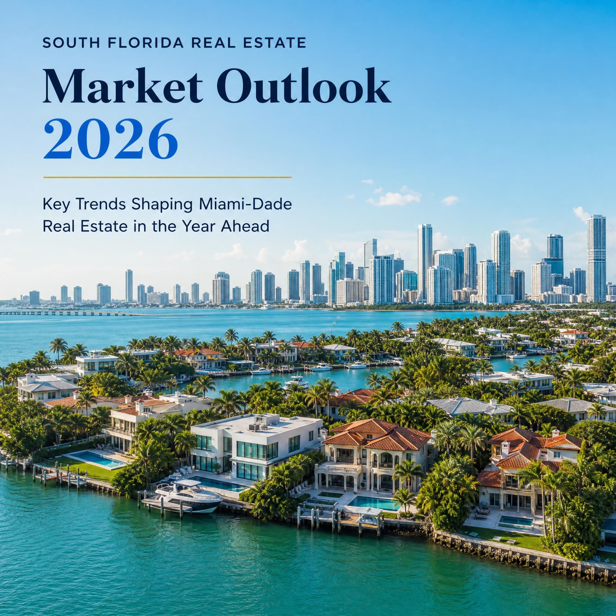 Aerial view of Miami-Dade waterfront luxury homes with the Miami skyline in the background, representing the South Florida real estate market in 2026