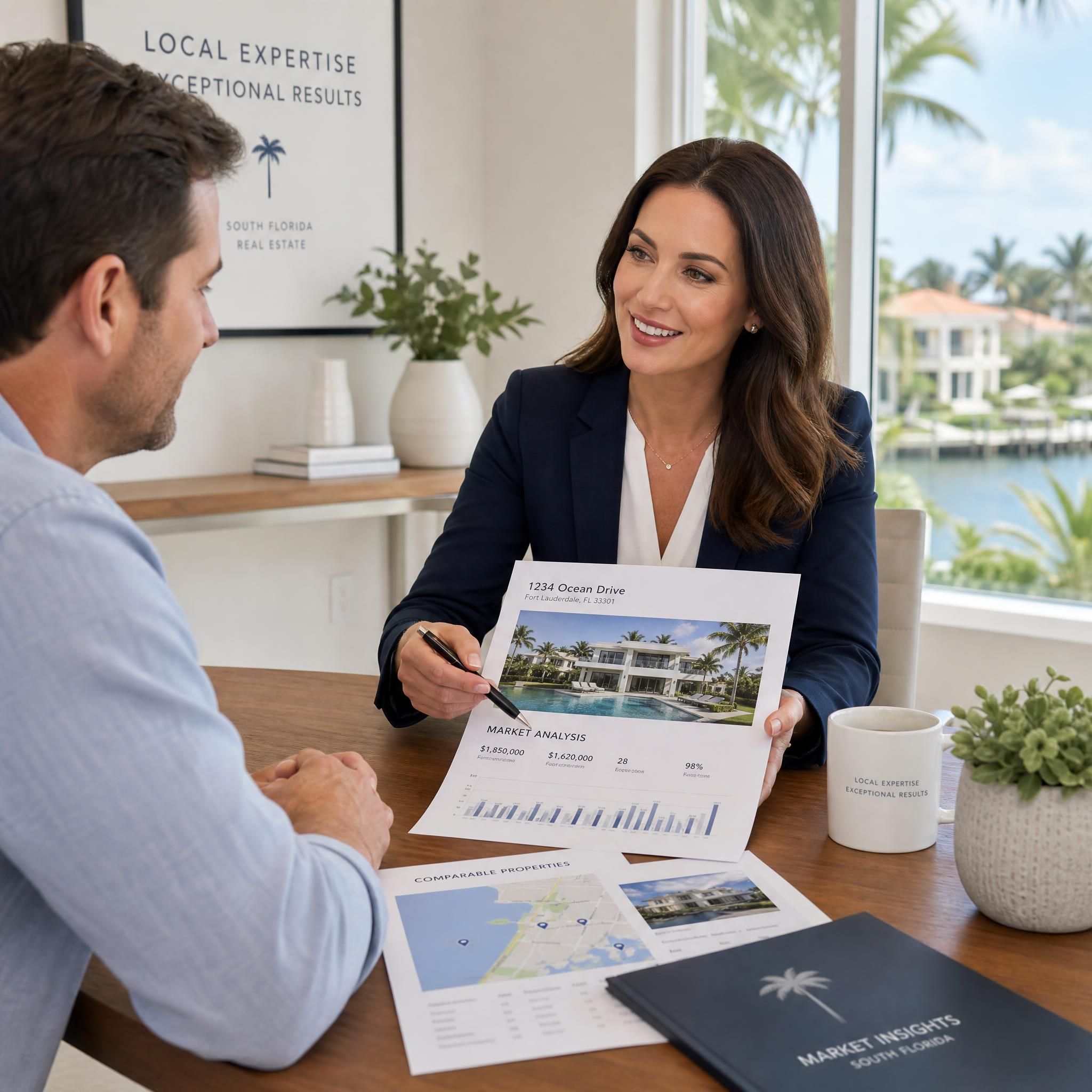 Professional real estate agent consulting with a South Florida home seller over a property listing and market analysis documents, conveying trust and expertise